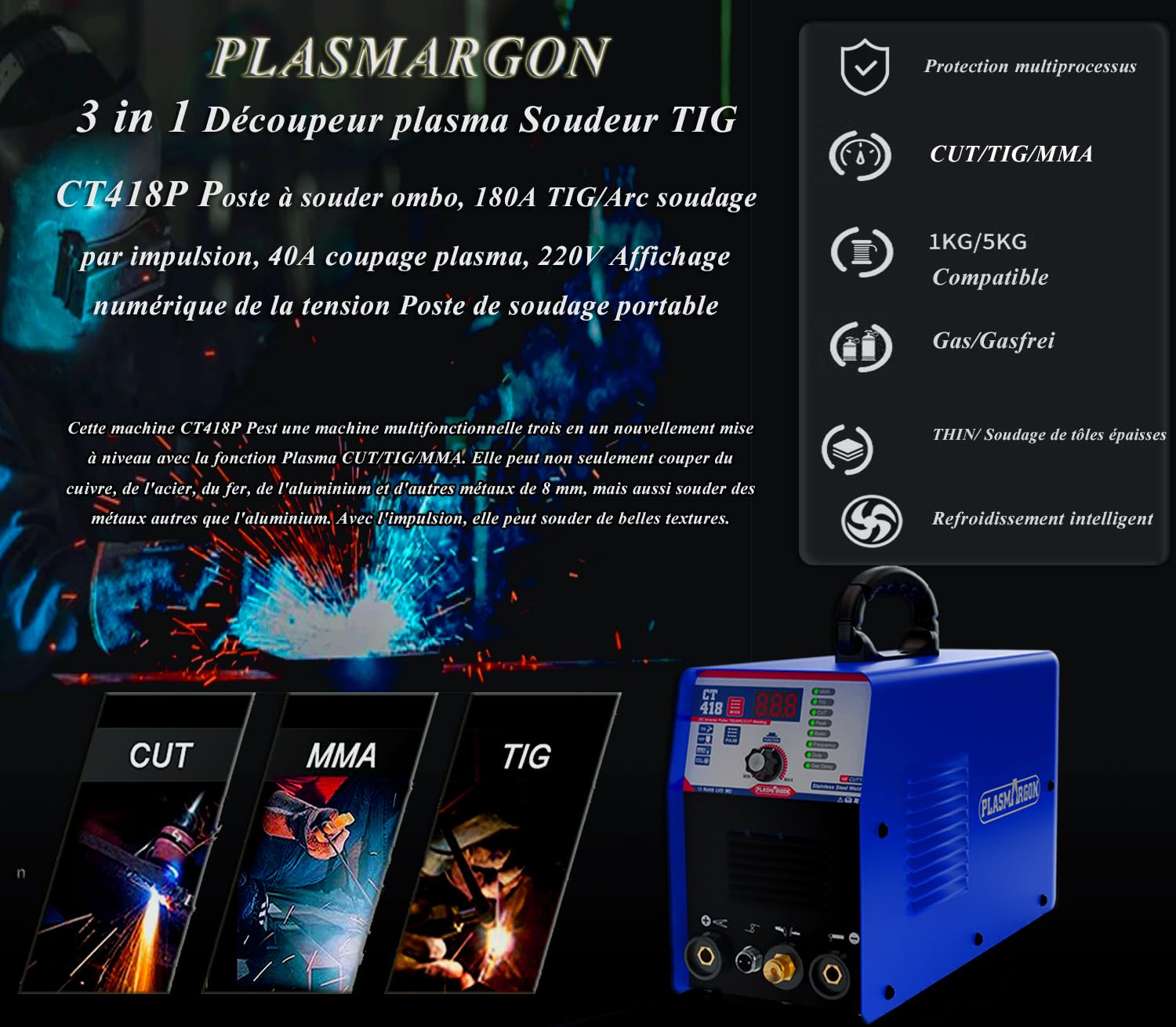 Poste à souder 3 en 1 - Découpeur à plasma WIG - Soudeur MMA à onduleur - Combinaison de soudage plasma TIG MMA | IGBT | Affichage LCD numérique | Allumage HF CT418P