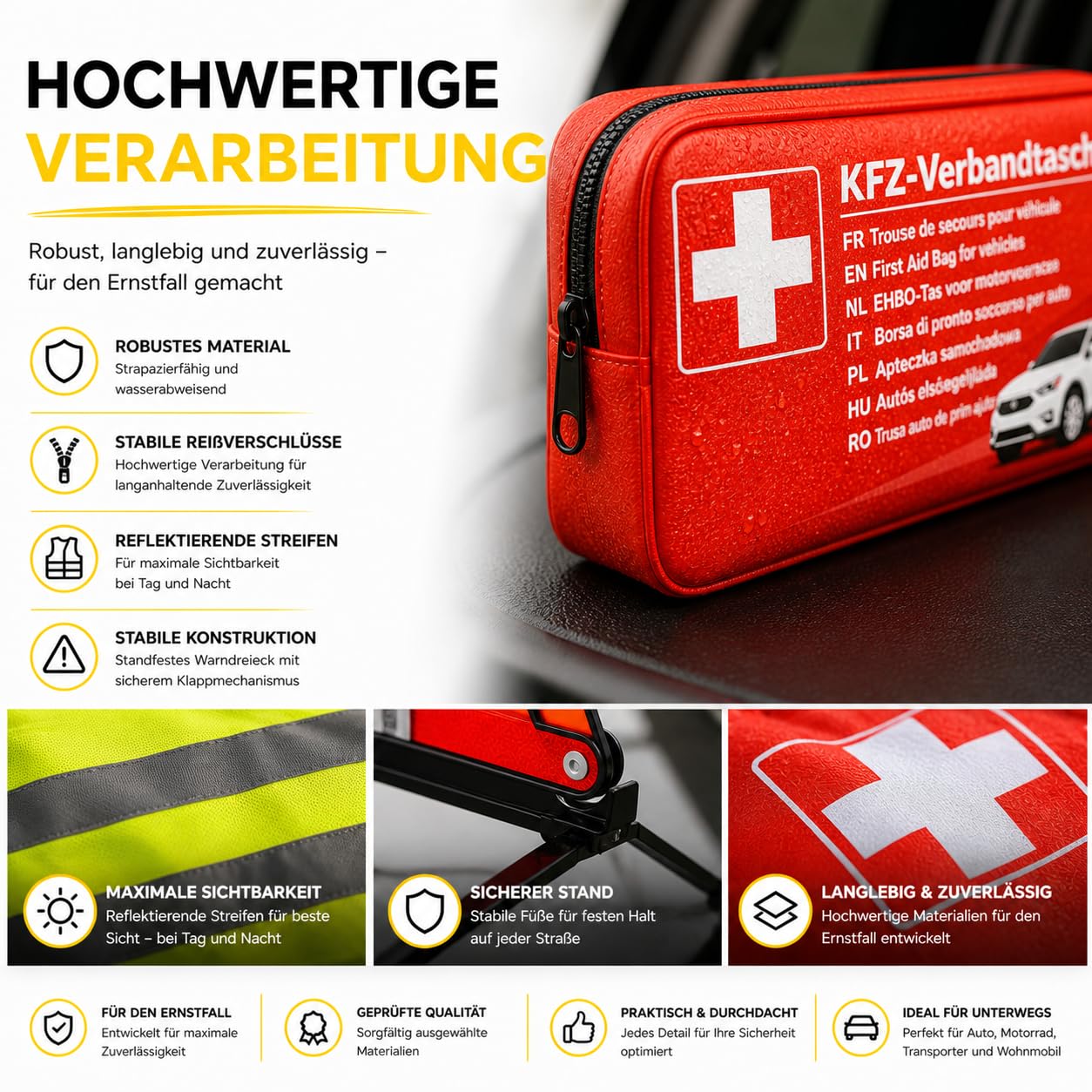 Kit de reparación de averías 3 en 1 para coche con accesorios: botiquín de primeros auxilios, chaleco de seguridad y triángulo de advertencia StVO