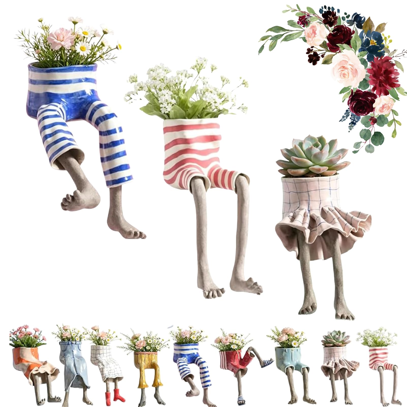 Dewppxi Leggy Pot Planter with Legs, Creative Sitting Human-Leg Planter for Succulent Lovers, Quirky Human Flower Pot Sculpture for Shelf Desk Windowsill Home OfficeοΌL-3pcs
