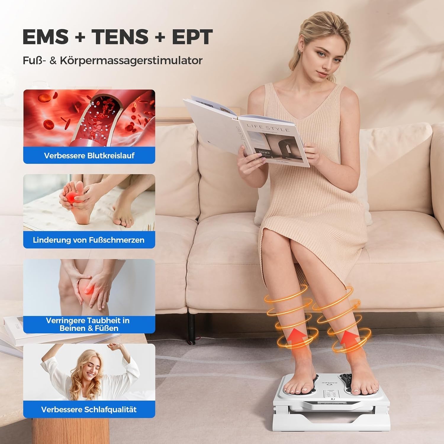 Appareil de massage électrique pour les pieds Stimulateur de circulation avec EMS et TENS, avec 10 modes, 50 niveaux d'intensité et 4 électrodes pour soulager la douleur et favoriser la circulation