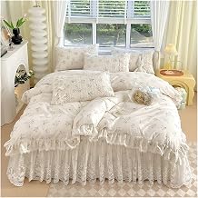 French Style Bedding Set Rural Small Flowers Duvet Cover Set Quilted Bedspread Double Layer Lace Ruffles Bed Skirt Pillowcases,Bedding