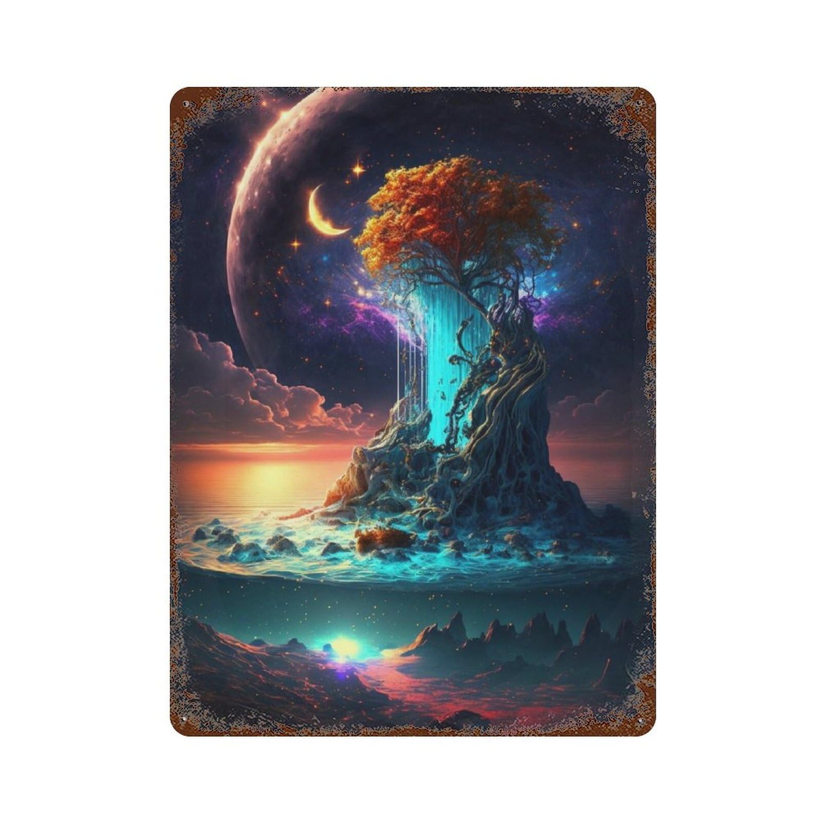 Rust Effect Fantasy Planet with Tree of Life Aged Metal Wall Plaque 15.7"x11.8", Shabby Chic Decor for Living Room, Hallway And Home Decor
