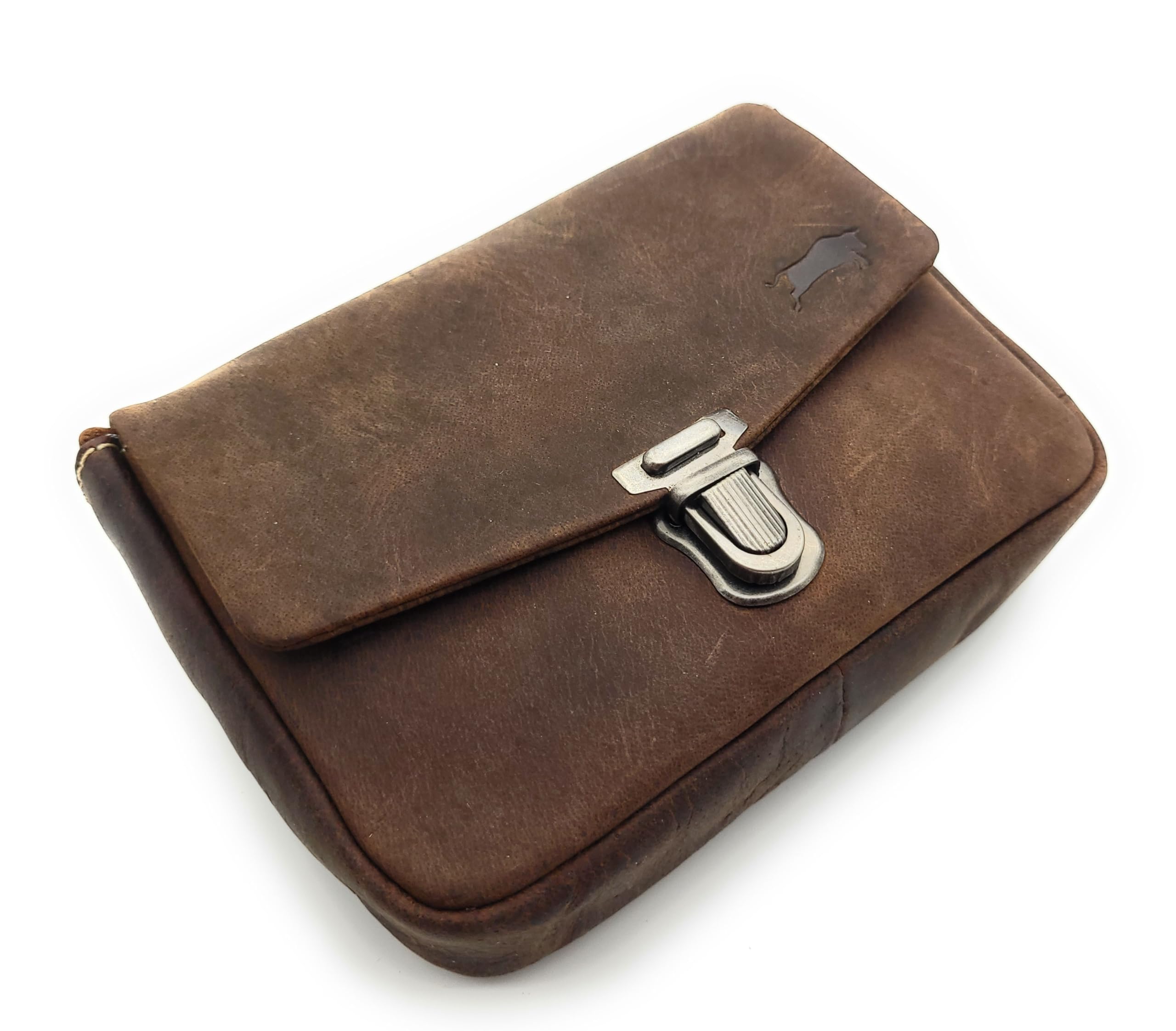 Gürteltasche aus echtem Büffelleder – Kompakte Leder Bauchtasche mit Steckschloss, Gürtelschlaufen & Ösen für Schultergurt – 15x11x4 cm – Braun