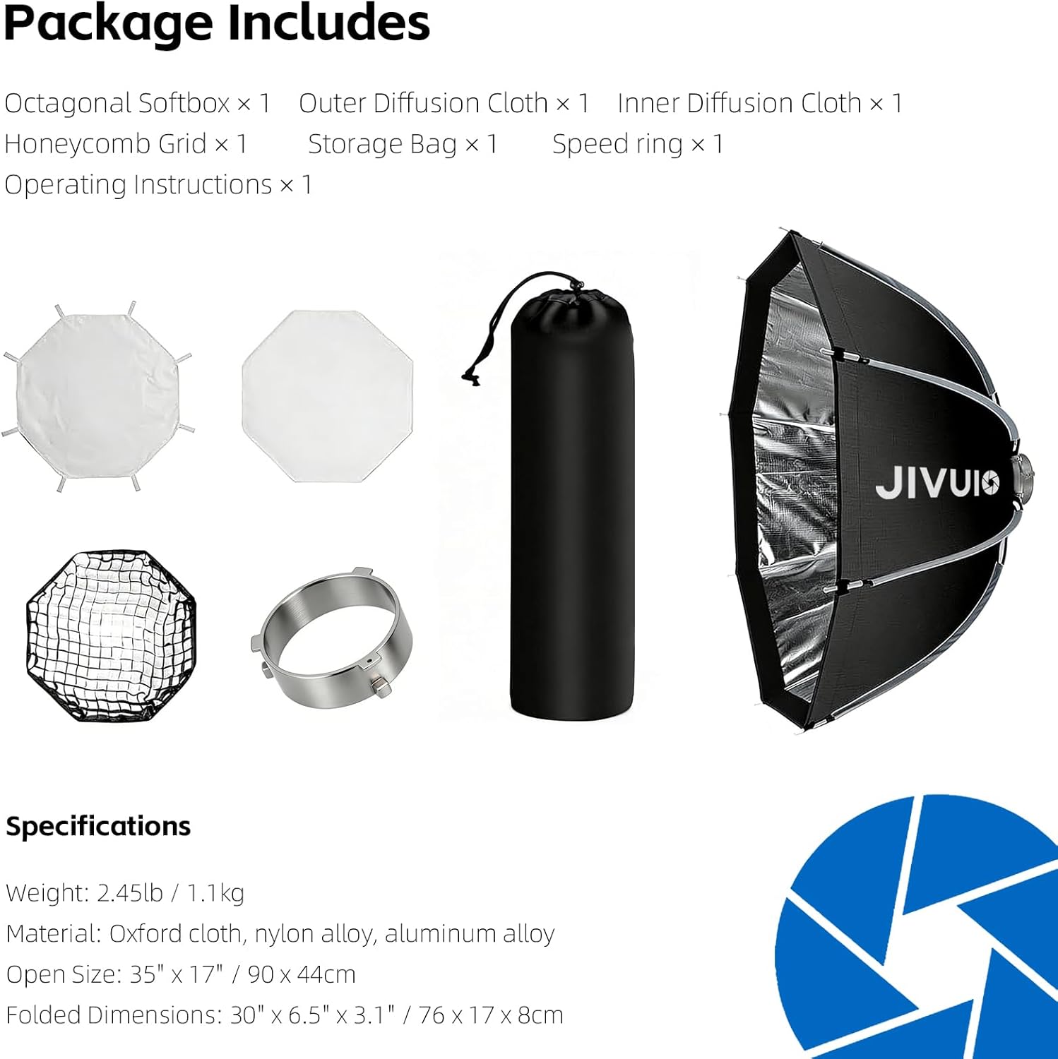 35.4"/90cm Octagonal Softbox, Quick Release Bowens Mount Softbox with Honeycomb Grid & Diffusers, Portable Deep Parabolic Light Modifier for Godox Aputure Amaran COB Video Light Studio Portrait