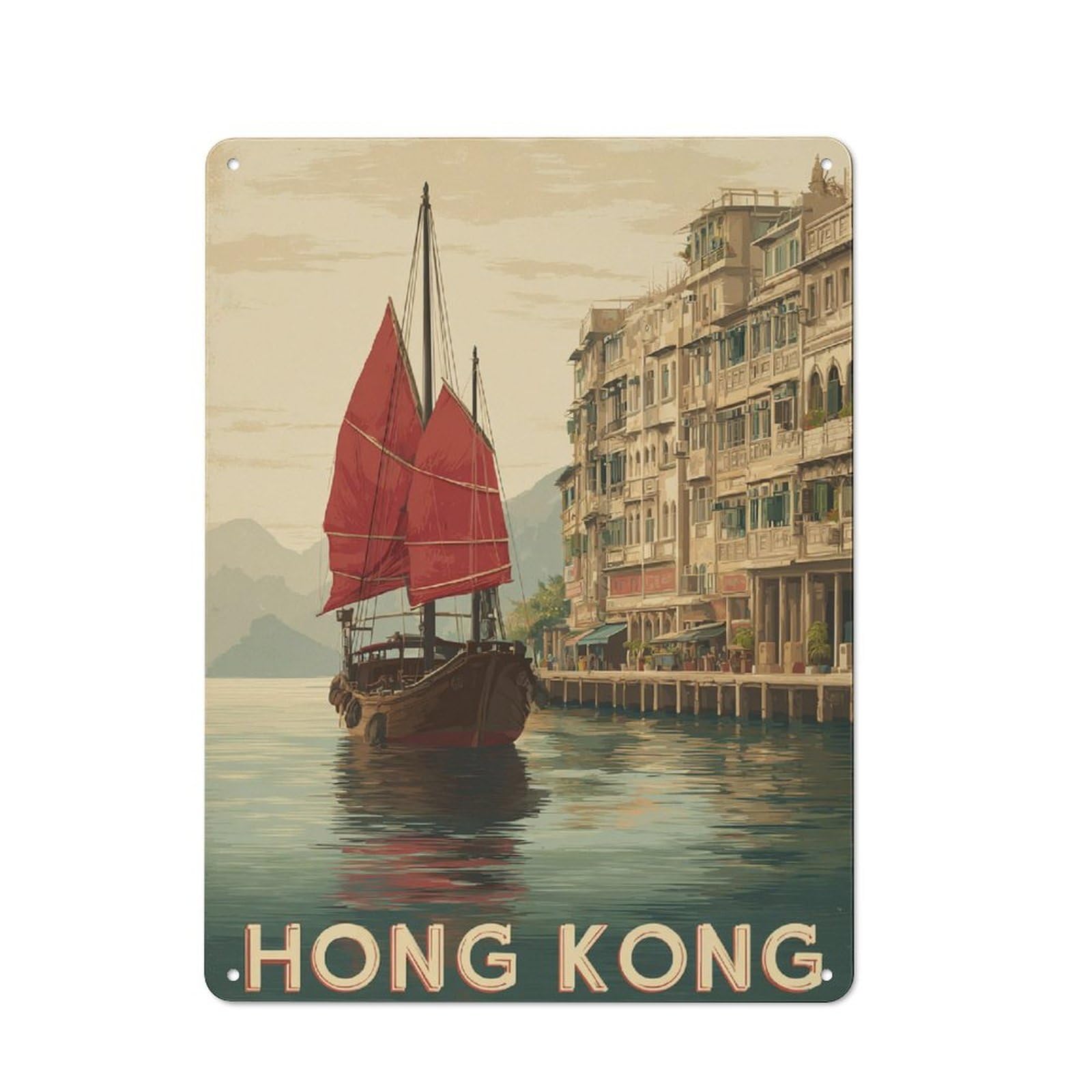 Junmoney Vintage Hong Kong Harbor Retro Tin Sign 40X30cm For Workshop Wall, For Collectors Of Retro Metal Wall Decor
