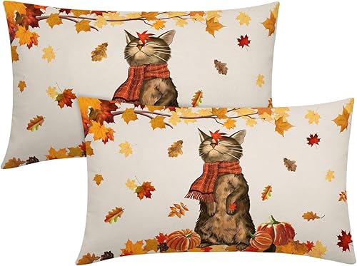 Juego de 2 fundas de almohada lumbar de otoño de 12 x 20 pulgadas con hojas de arce naranja y calabaza, juego de 2 fundas de cojín de lino de Acción
