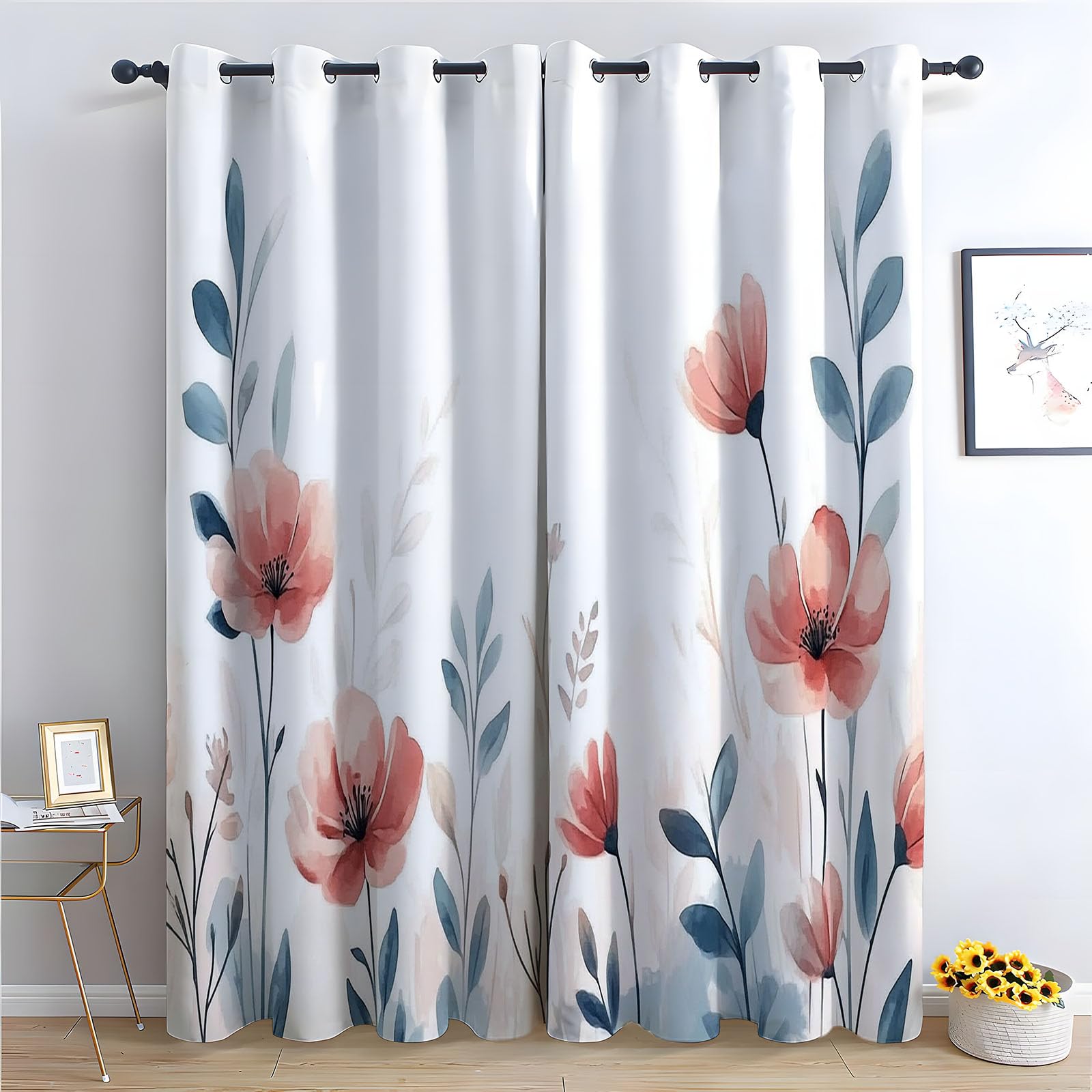 WIKEO Floral Curtains for Living Room Beautiful Vintage Flowers Botanical Blackout Curtain,Thermal Insulated Long Farmhouse Print Decorative Grommet Drapes, 2 Panels-52 W x 84" L (Pack of 2)