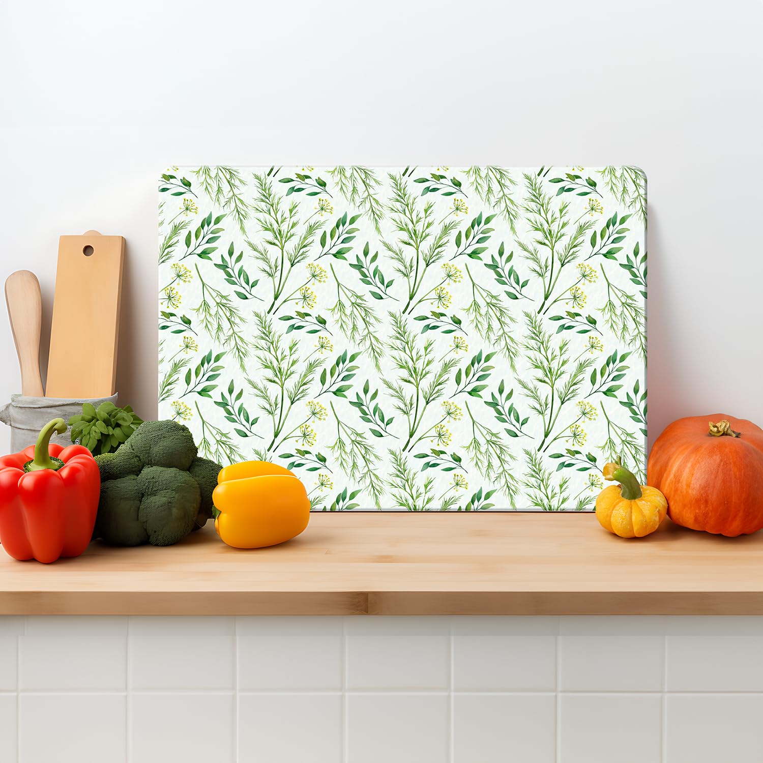 Glass Chopping Board – Textured Tempered Glass Worktop Saver – Botanical Green Leaves – 39 x 29cm – Non Slip, Easy Clean — image 1
