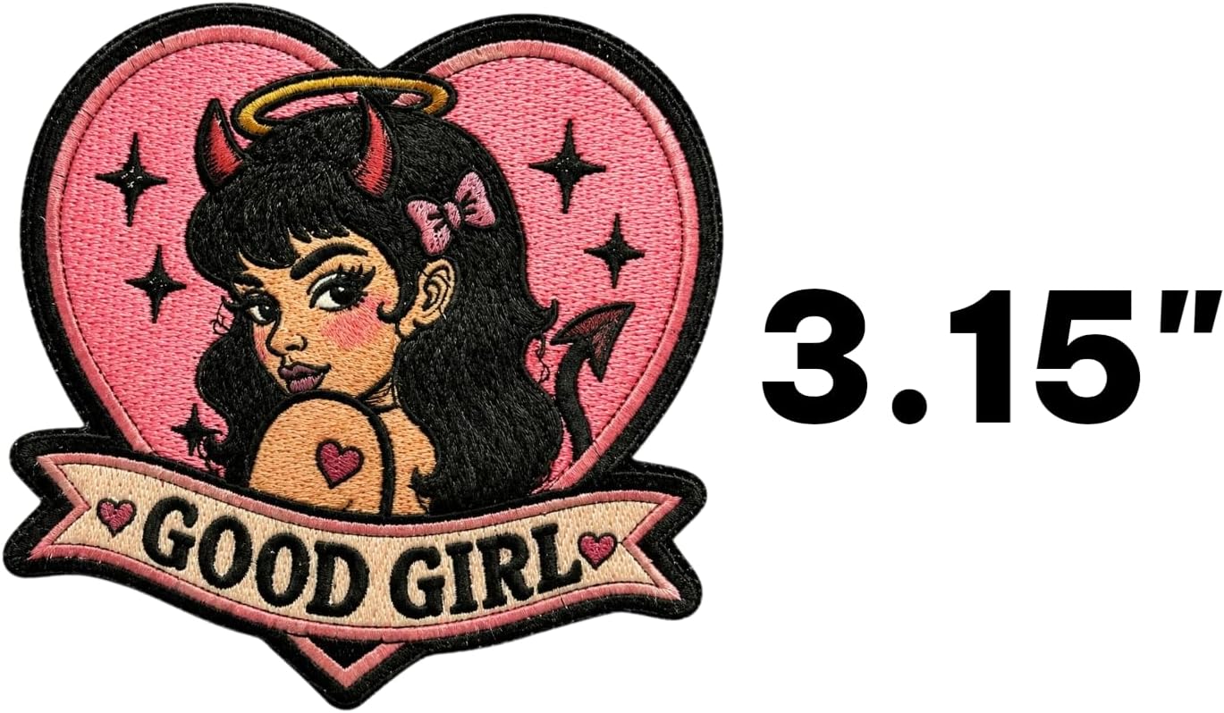 Good Girl Devil Girl Embroidery Patch – Pin-Up Style Heart Applique – Funny, Sarcastic, Morale, Retro, Iron On/Sew On image 2