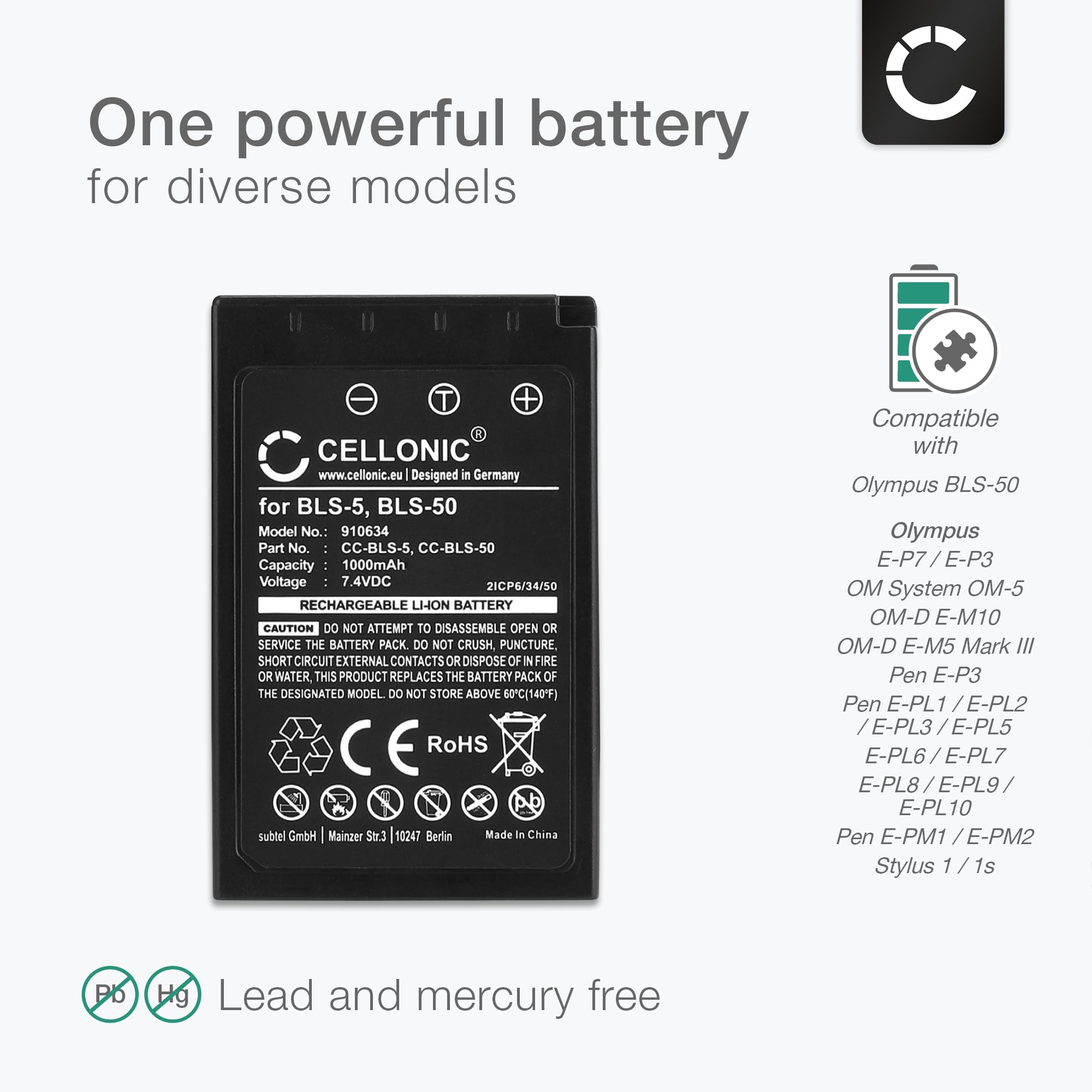 CELLONIC, Bateria do aparatu, kompatybilna z Olympus BLS-50, OM-D E-M10 Mark II, IV (7,4 V, 1000 mAh) 2 sztuki