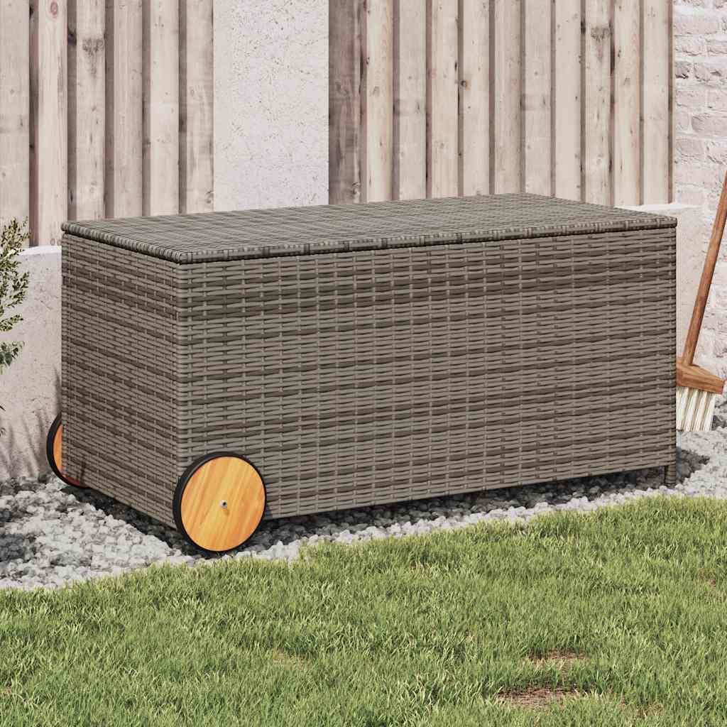 vidaXL Gray Poly Rattan Garden Storage Box with Wheels, closed, in a garden setting