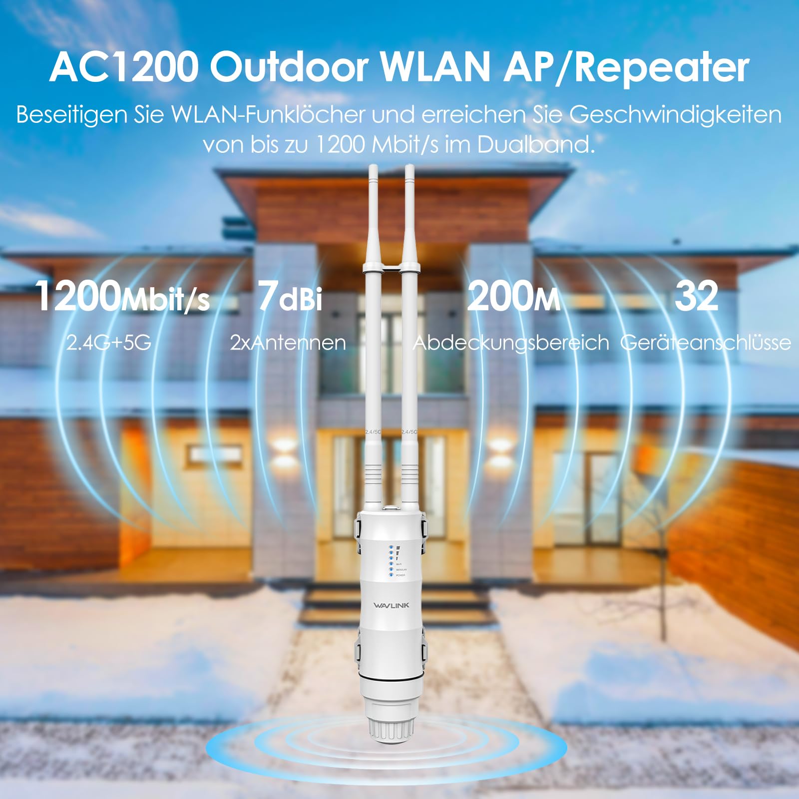 WAVLINK AC1200 Outdoor WLAN Repeater, wetterfester 1200Mbit/s WLAN Access Point/Verstärker unterstützt Passive/Active PoE, AP/Router/Repeater Modi, 100Mbit/s WAN/LAN, WPA2, EU-Netzteil