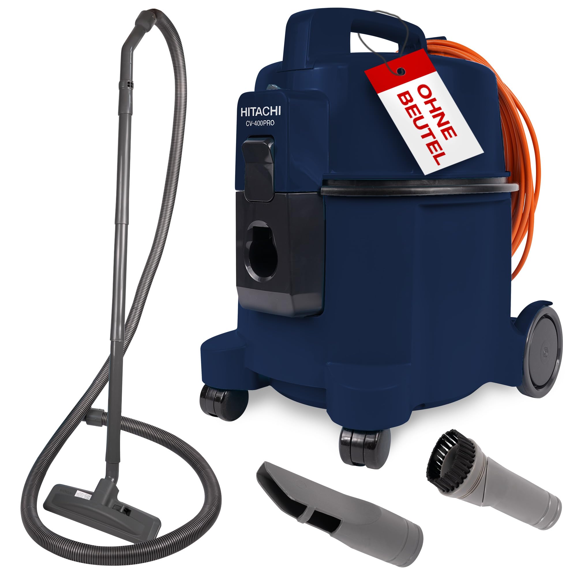 HITACHI Staubsauger CV-400 PRO mit HEPA Filter 7,5L, Beutellos - Profi Bodenstaubsauger 880W, leise 74 dB, 13m Radius, Teppichdüse & Zubehör, Gewerbesauger für Haushalt & Industrie (Dunkelblau)