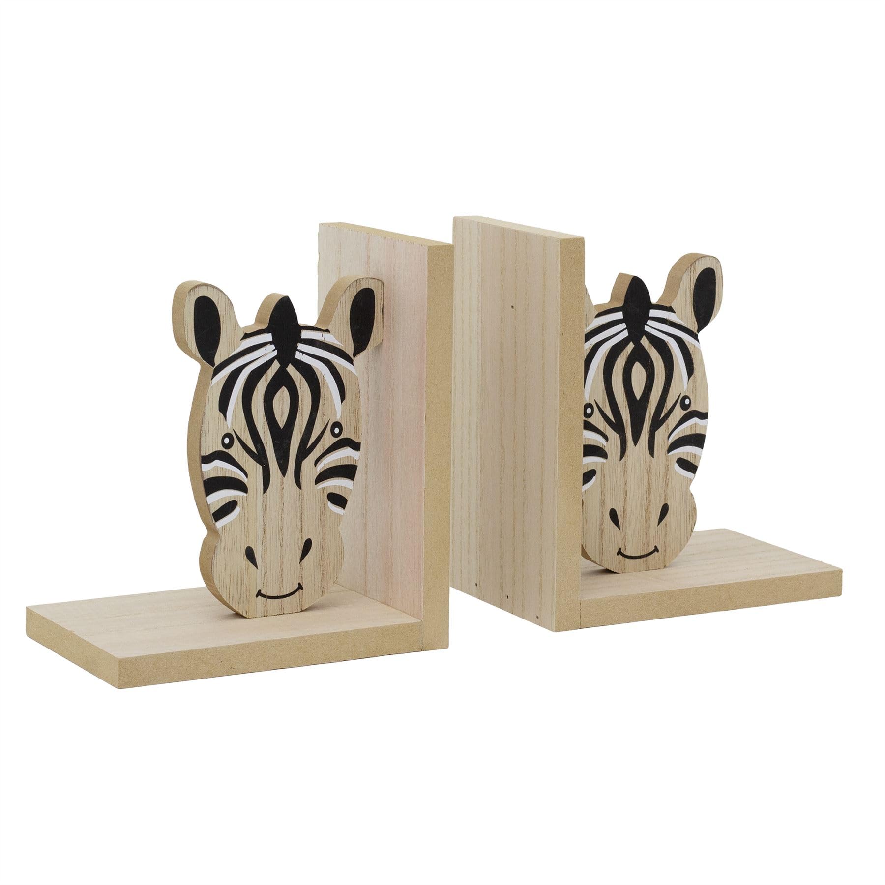 Children's Wooden Zebra Book Ends, 17x30cm Kids Jungle Safari Animal Bookends Nursery Shelf Book Holders