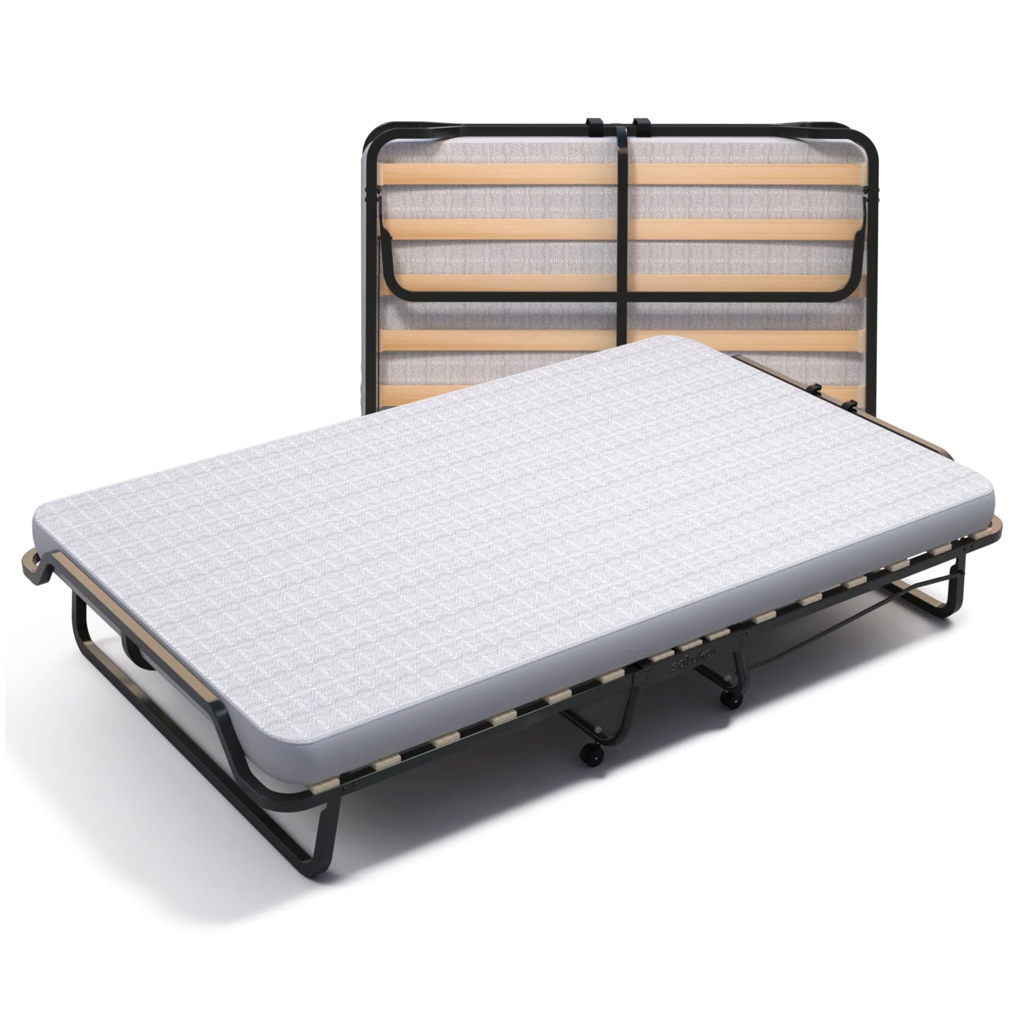 Soluko | Letto Brandina Pieghevole a Doghe Con Materasso Polyuretano e Copertura Salvapolvere Inclusa, Struttura Resistente e 4 Ruote Girevoli, 100% Made In Italy 120x200 Piazza e Mezza
