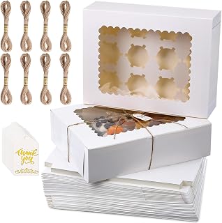 36 Pack Cupcake Boxes Hold 12 Count Valentines Disposable Cupcake Containers with Window and Cake Carrier with Thanks Card and Jute Rope to Muffins Cupcakes Cookies Gift Wrapping(White)