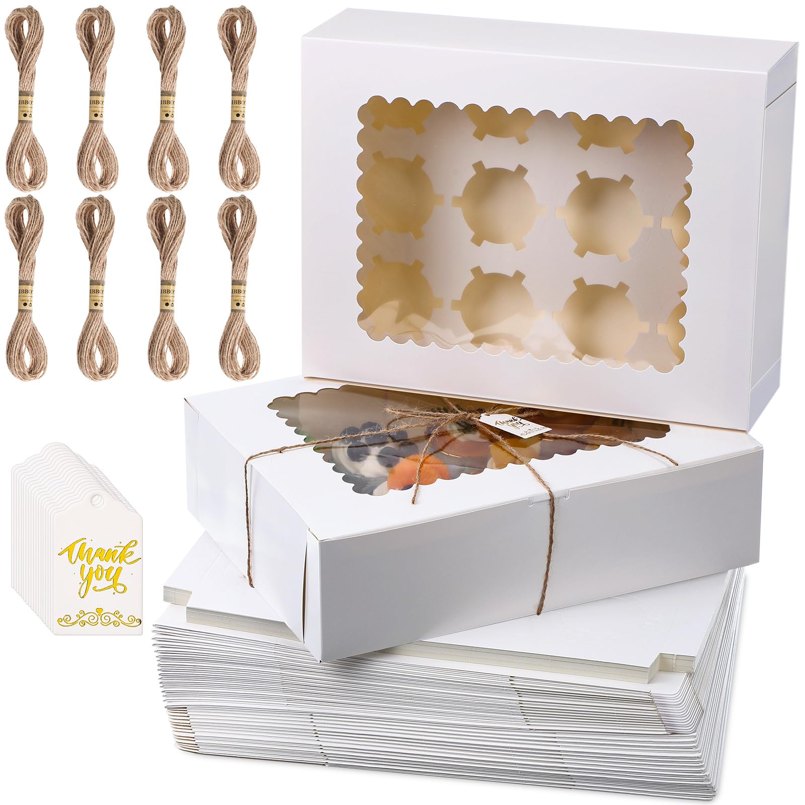 Humyoun 36 Pack Cupcake Boxes Hold 12 Count Valentines Disposable Cupcake Containers with Window and Cake Carrier with Thanks Card and Jute Rope to