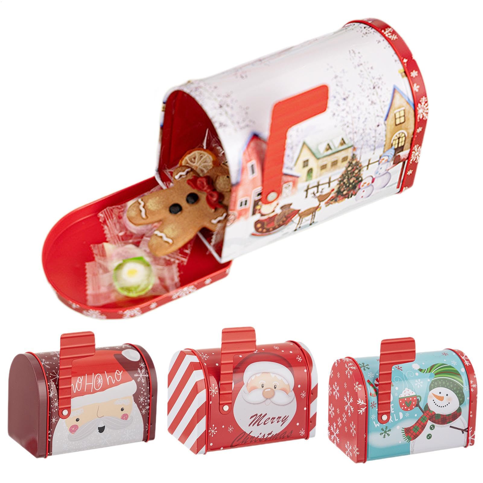 Caja de galletas de hojalata resistente con diseño de buzón navideño premium