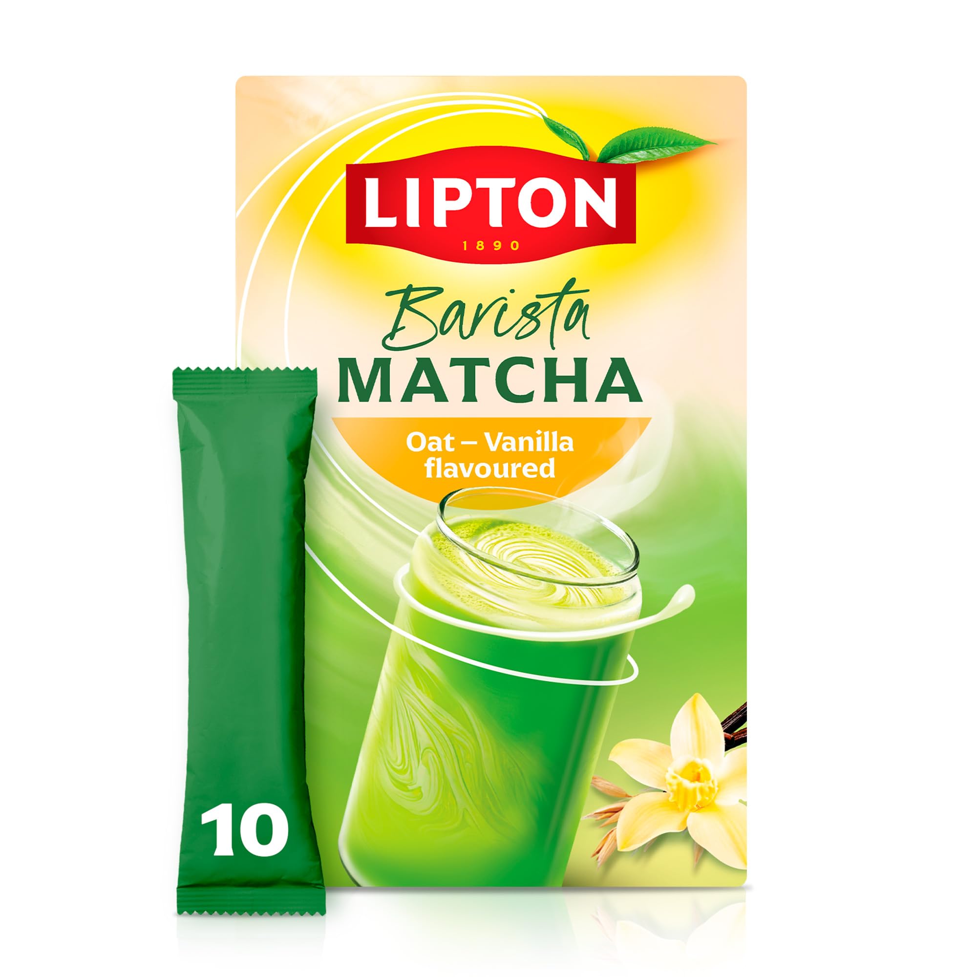 Lipton Barista Matcha Vanilla Oat Latte, 10 sticks, enjoy hot or iced, add water and it's ready. No added sugars*