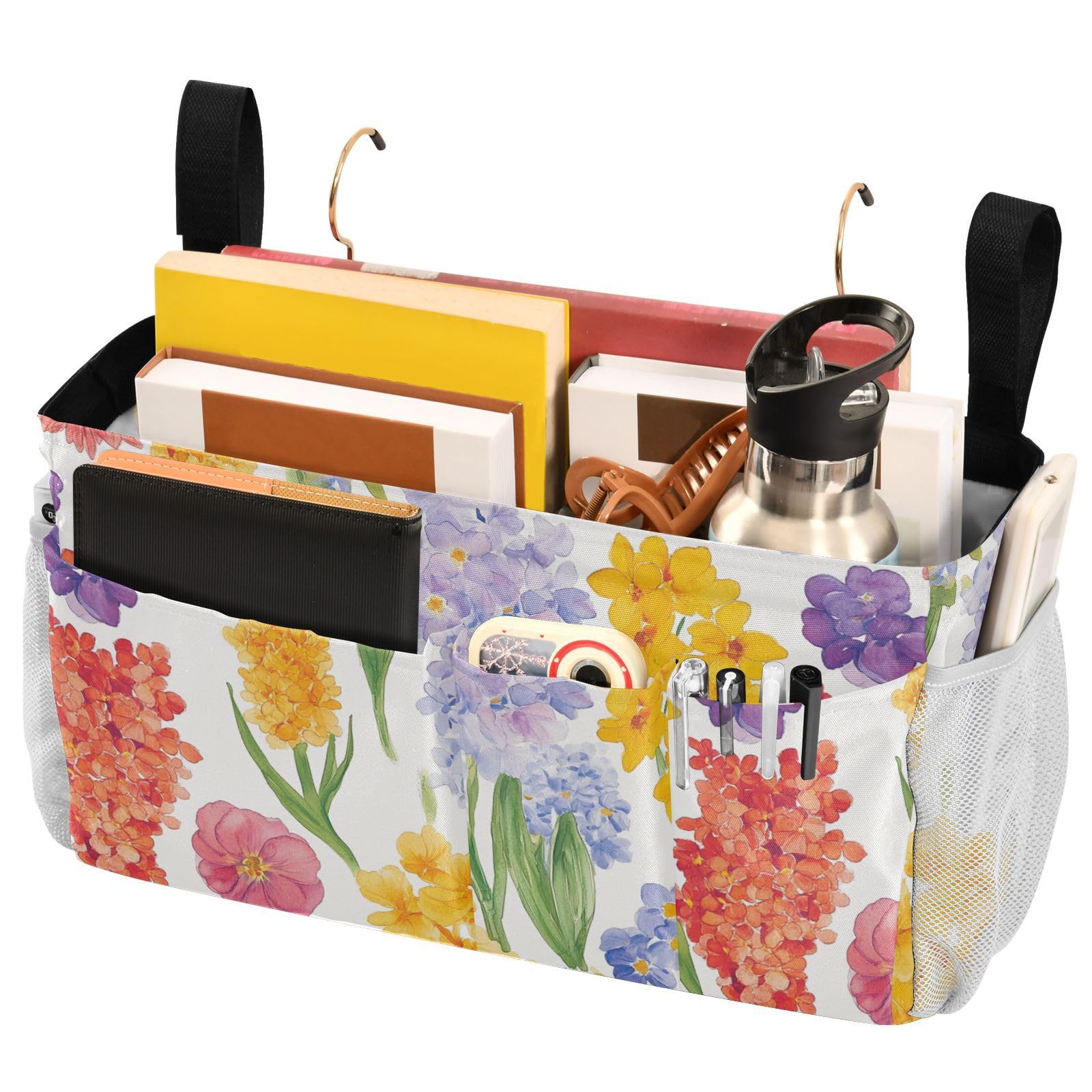 FRODOTGV Bedside Hanging Storage Basket Dorm Bed Bag for TV Remote Control, Phones, Magazines, Tablets, Accessories Florals Hyacinths Begonia Hyacinth White