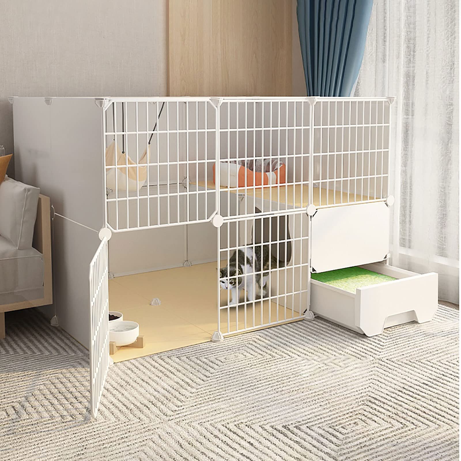Gabbia per Gatti, recinto per Gatti da Interno - Recinzione Fai-da-Te in Filo Metallico per Balcone - Gabbia Grande per furetti, porcellini d'India, Cuccioli e Gattini - Cuccia per Piccoli a