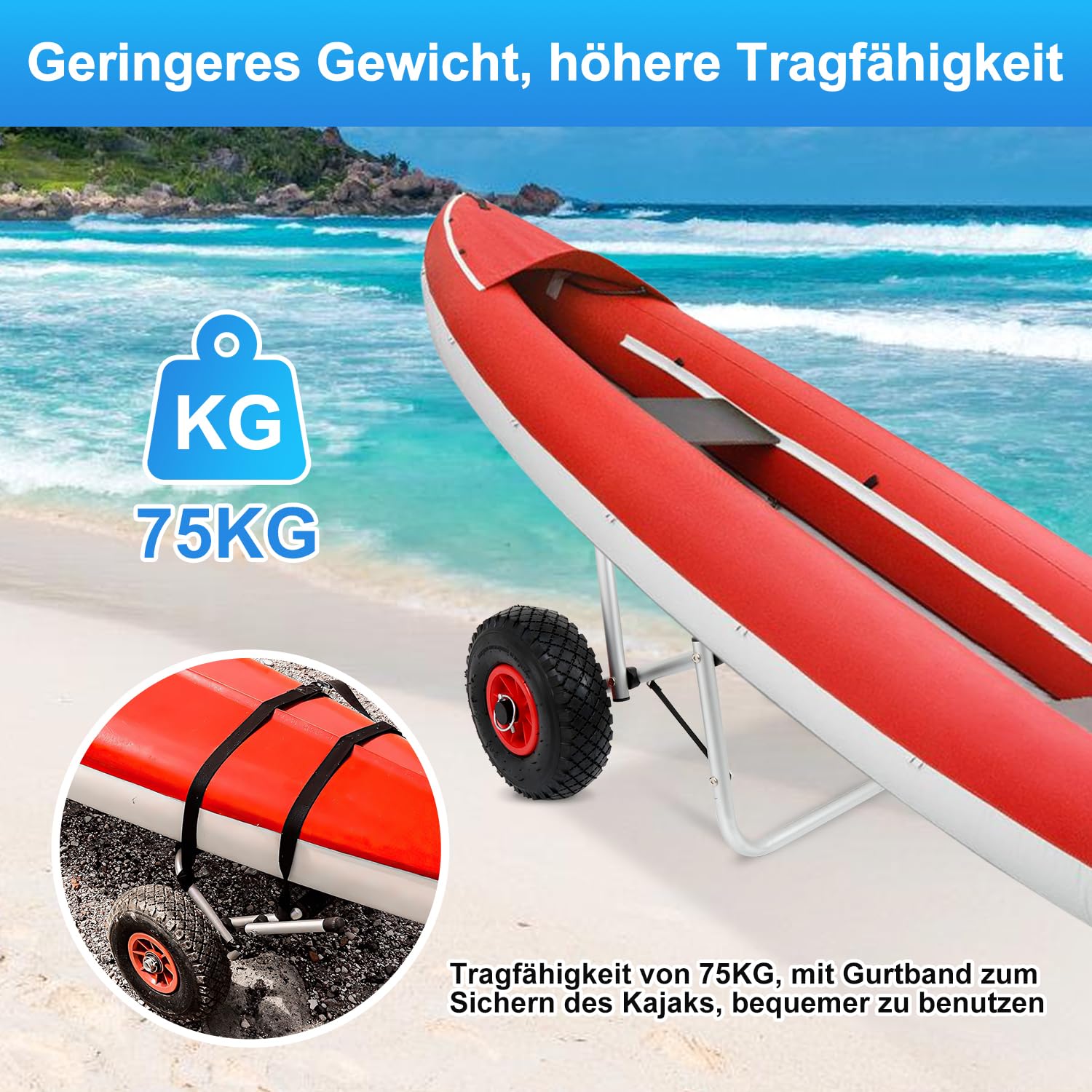 ECD Germany Aluminium Kajak Trolley - Opvouwbare Kano Vervoer Transportwagen 72x32x46 cm tot 70 kg - Voor SUP en Surfplank