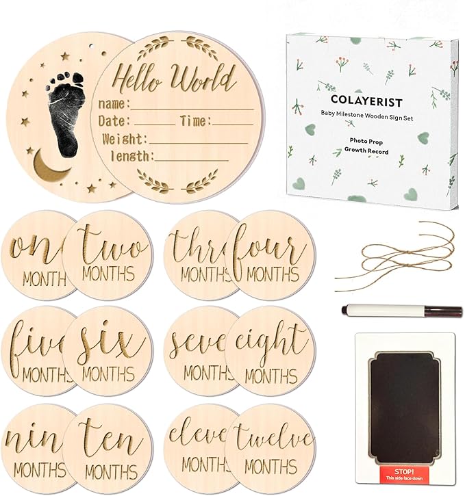 12PCS Baby Announcement Sign and Monthly Baby Milestone Set,Wooden Babys Monthly Milestone Classic Cursive Script, Hello World Newborn Sign with Ink Pad for Babys Photo Props