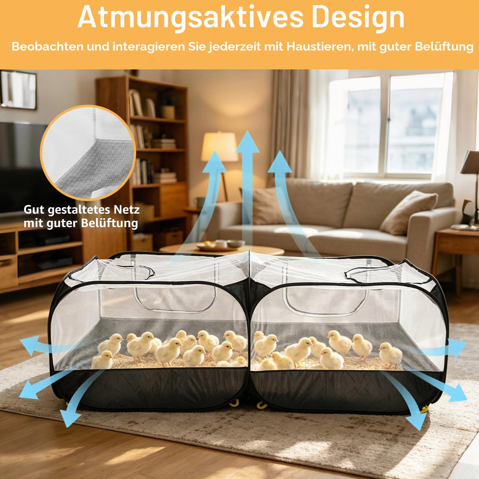 Tragbarer Hühnerstall, Laufstall für Kleintiere, faltbares Haustiergehege, Outdoor-Haustierzaun, Hühnerstall mit abnehmbarem Boden und atmungsaktiven Netzwänden (Schwarz)