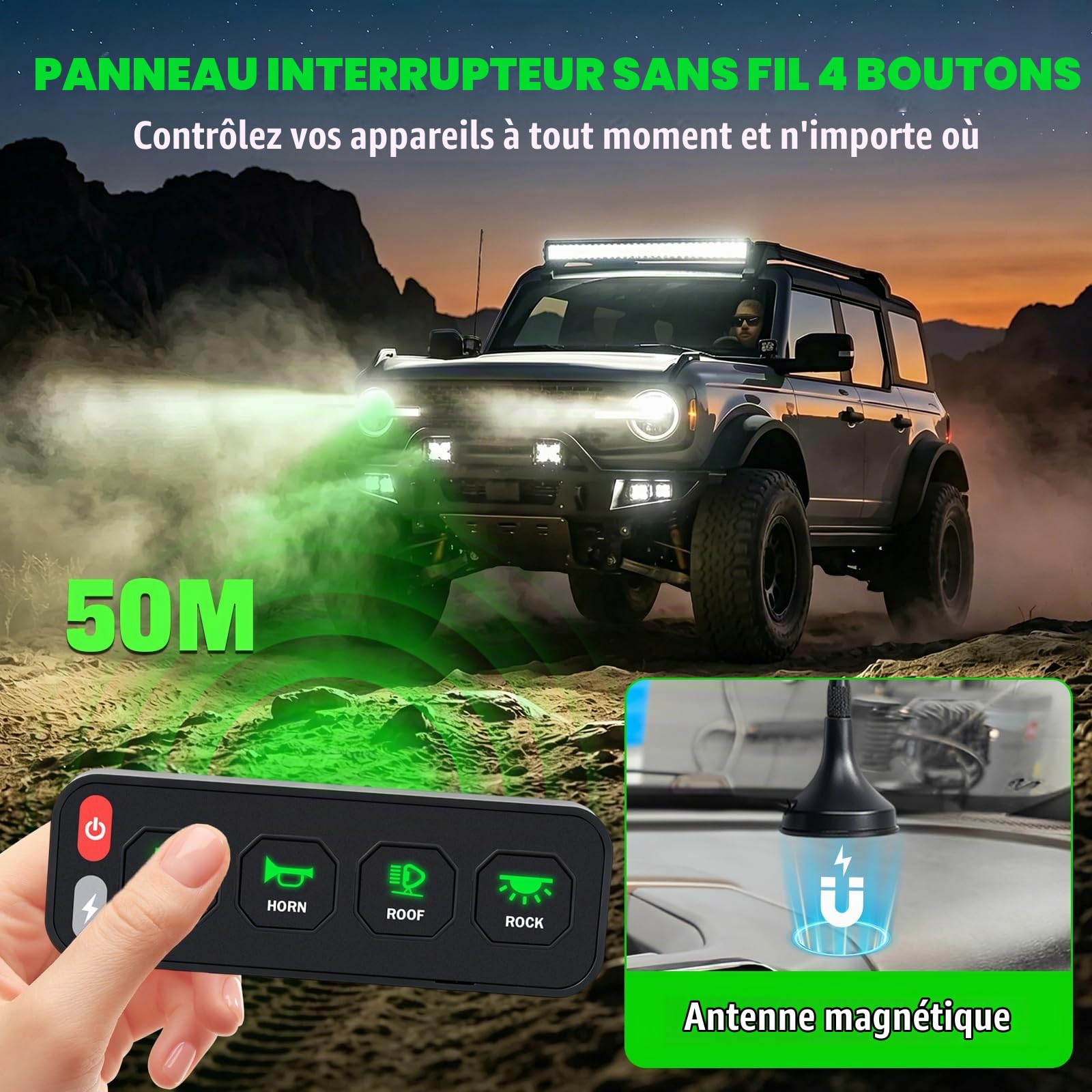 Chelhead Panneau de commande sans fil à 4 interrupteurs une rangée avec interrupteurs à bascule et stroboscope système de relais de contrôle de circuit universel 12 V-24V fixation magnétique
