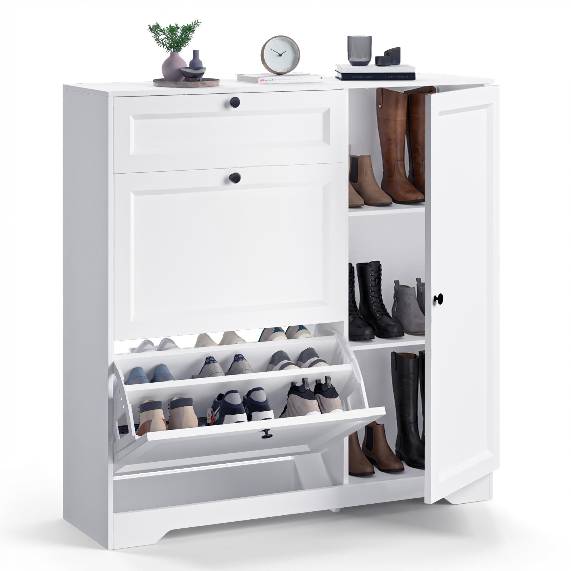 Xbro Zapatero Entrada Recibidor, Mueble Zapatero de Madera con 2 Puertas Abatibles y Armarios, Zapatero Estrecho Entrada Recibidor para Pasillo y Salón, Medidas 100×30×102cm Blanco