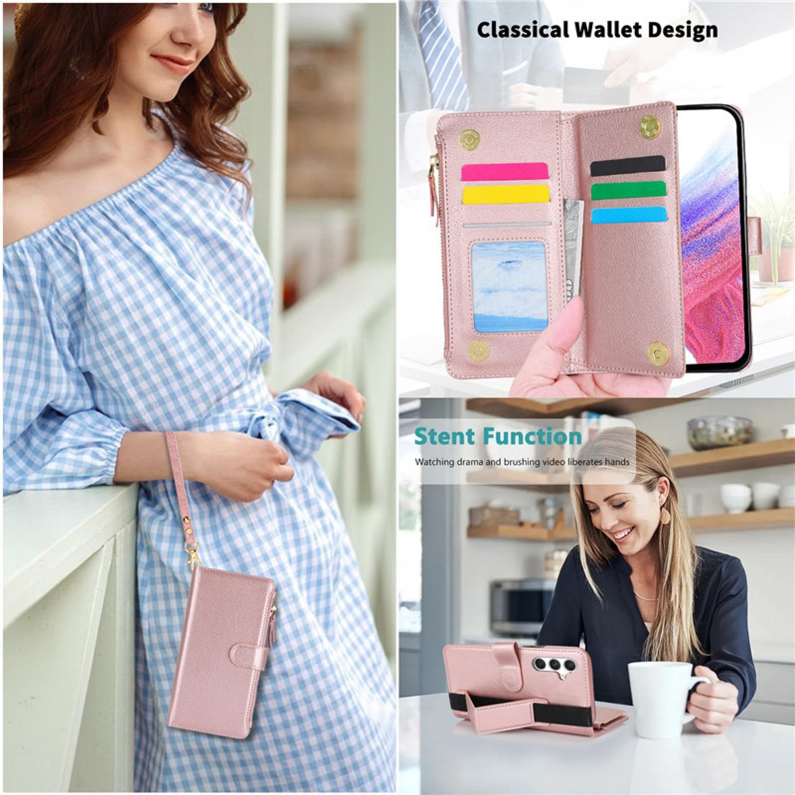 Für Samsung A72 (4G 5G) Handschlaufe Leder Reißverschluss Brieftasche Karte Handyhülle Lanyard Flip Cover (Für Samsung A72 (4G 5G)/schwarz)