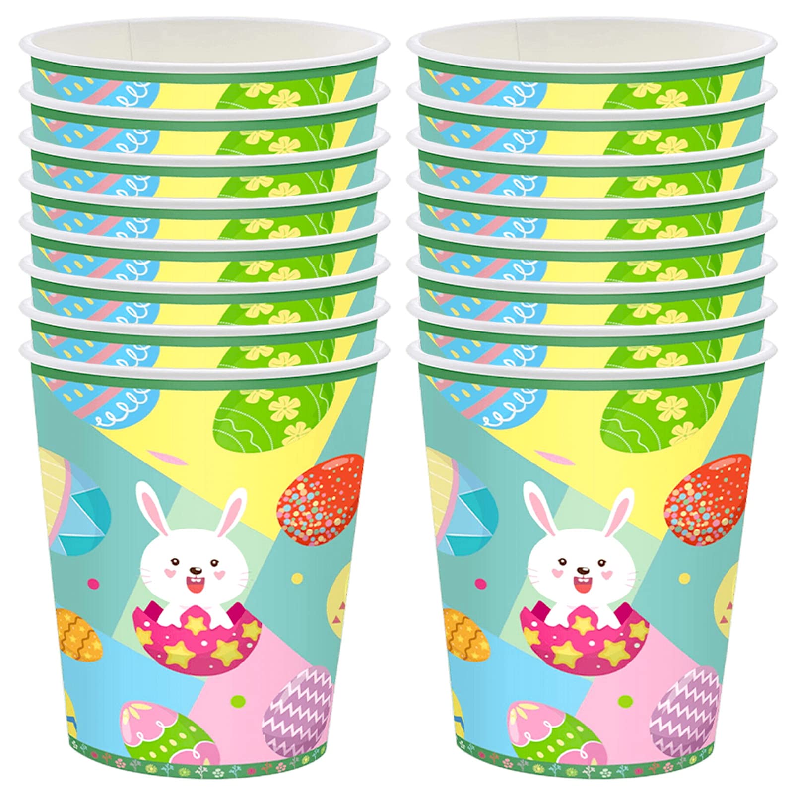 POPOYU 16Pcs Easter Kids Party Paper Cups,Happy Easter Bunny Paper Cups Party Tableware Decoration Green Party Paper Cups Packs Eggs Rabbit Cups for Easter Kids Adult Party Decorations