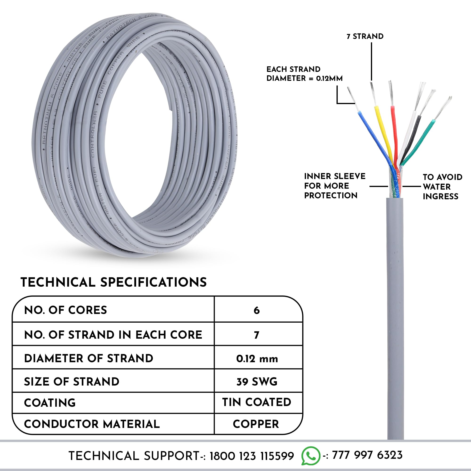 RATNOTECH 6 Core Copper Wire for Water Level Controller & Indicator (20 Meters) | Premium Tinned Multistrand Copper Cable | Virgin PVC Insulated, Color-Coded, Durable Tank & Industrial Use – Grey — Amazon image 8