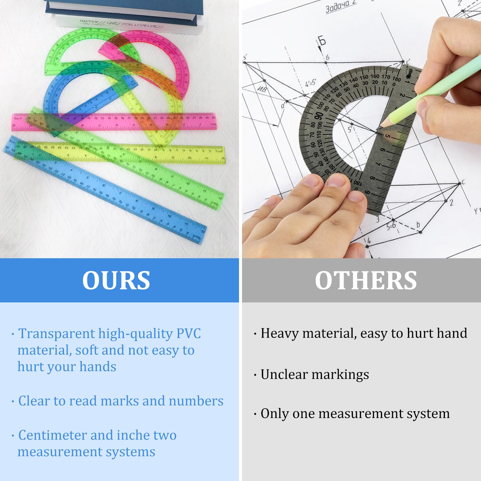 8pcs 6in Plastic Protractor with 12in Plastic Ruler Set,Clear Protractor Clear Ruler Math Geometry Protractor Ruler Set Student Classroom Protractor with Ruler,Transparent Protractor for School - Image 5