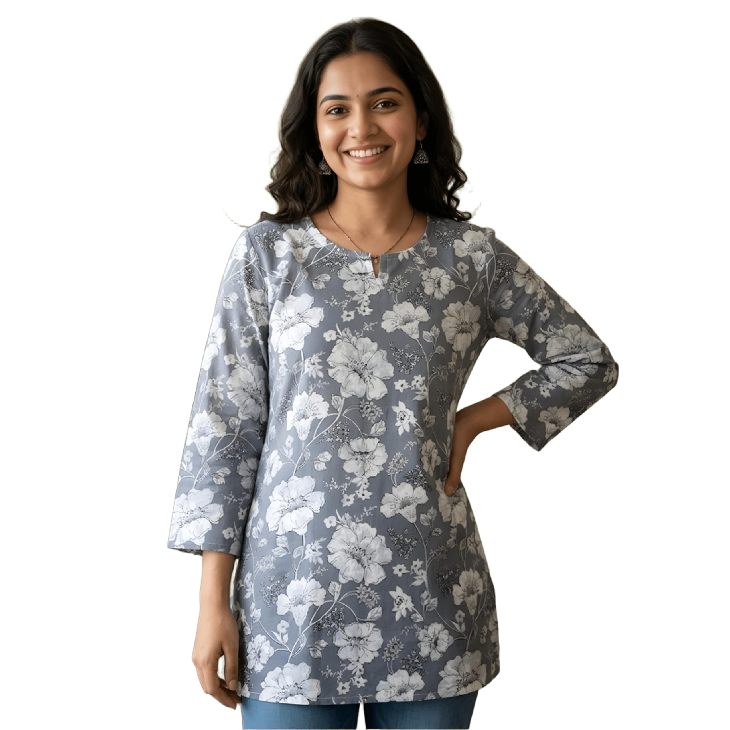 Printed Short Kurti for Women & Girls with 3/4 Sleeve & Notch Neck – Casual Cotton Kurta Stylish Top for Girls | Short Kurti for Girls for Office, College, Casual outings-image-11