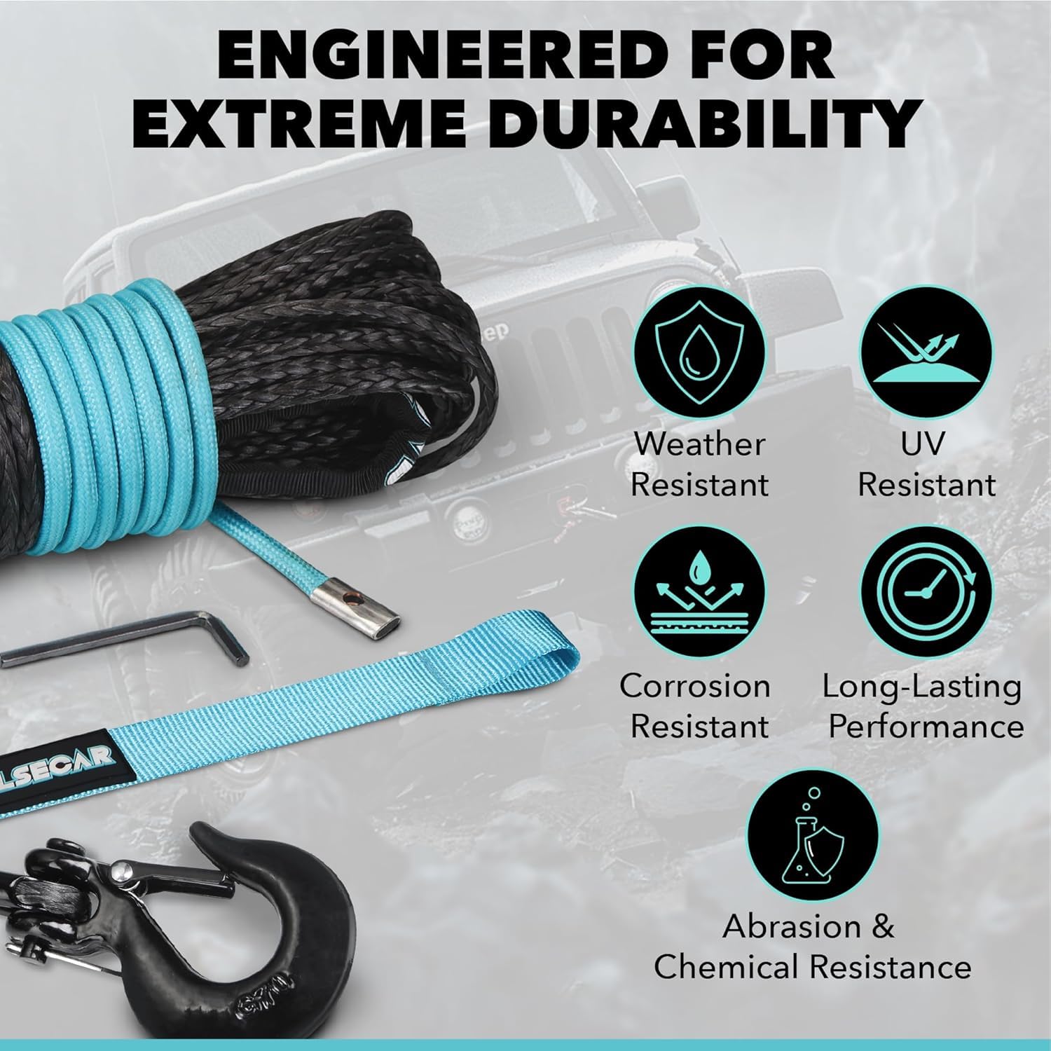 Pulsecar Synthetic Winch Rope Kit – 1/4'' x 50ft, 8,600 lbs Tested Towing Capacity – Heavy Duty Hook, Protective Sleeve, Rubber Stopper & Safety Pull Strap – Ideal for Off-Road ATV, UTV, 4x4 Vehicles