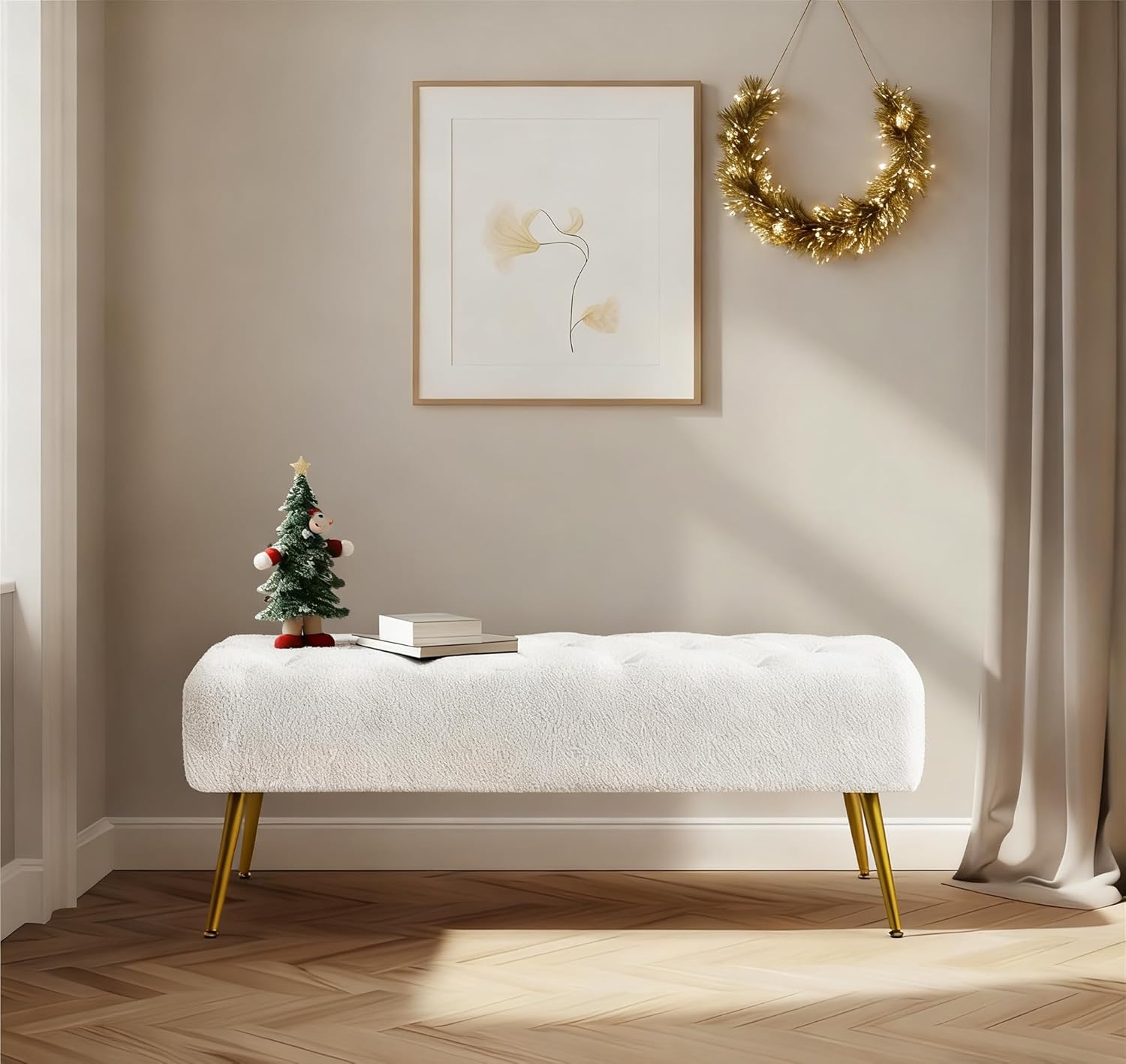 Yaheetech Modern Ottoman Bench Boucle Bench Upholstered Footrest for Living Room with Gold Metal Legs and Padded Seat Ivory