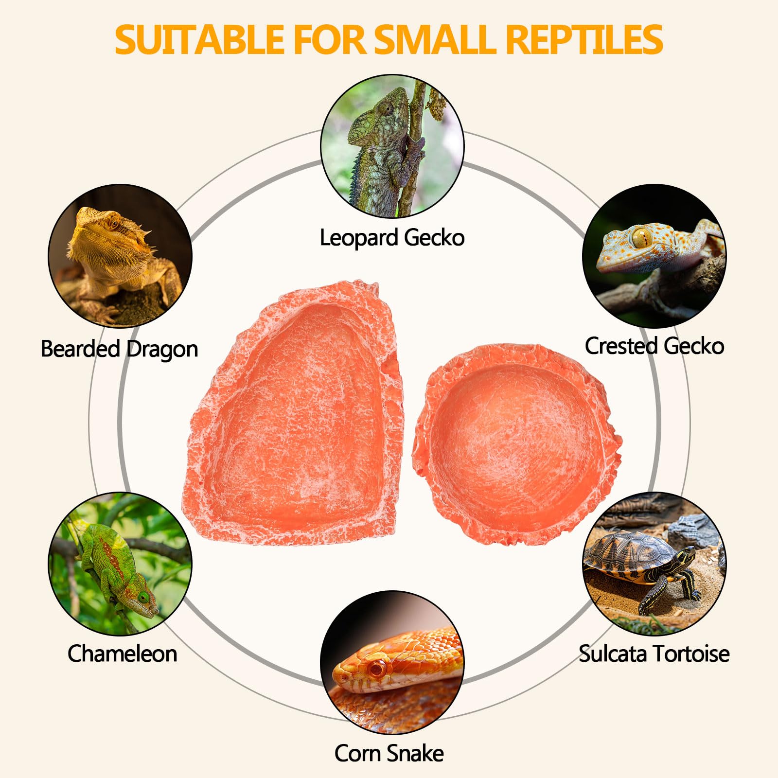 Plato de agua para reptiles, accesorios para tanque de dragón barbudo, comedero de roca para reptiles para tanque de reptiles, paquete de 2 cuencos de terrario de resina para leopardo, geco, cangrejo