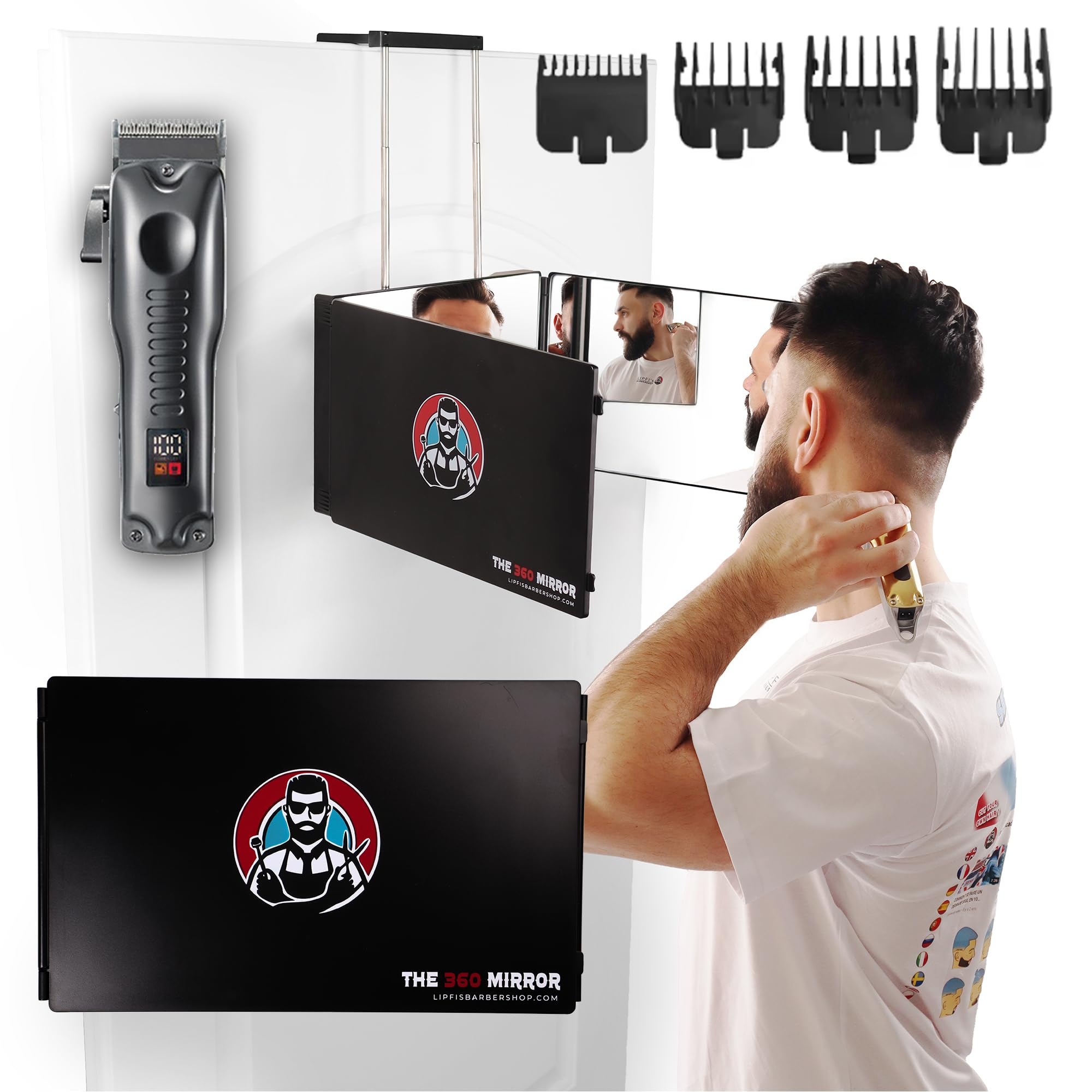 LIPFISBARBERSHOP.COM The 360 LED Mirror - Travel Version with Adjustable Telescoping Hooks, Perfect Self Haircut Mirror for Men - 3 Way Mirror for Hair Cutting