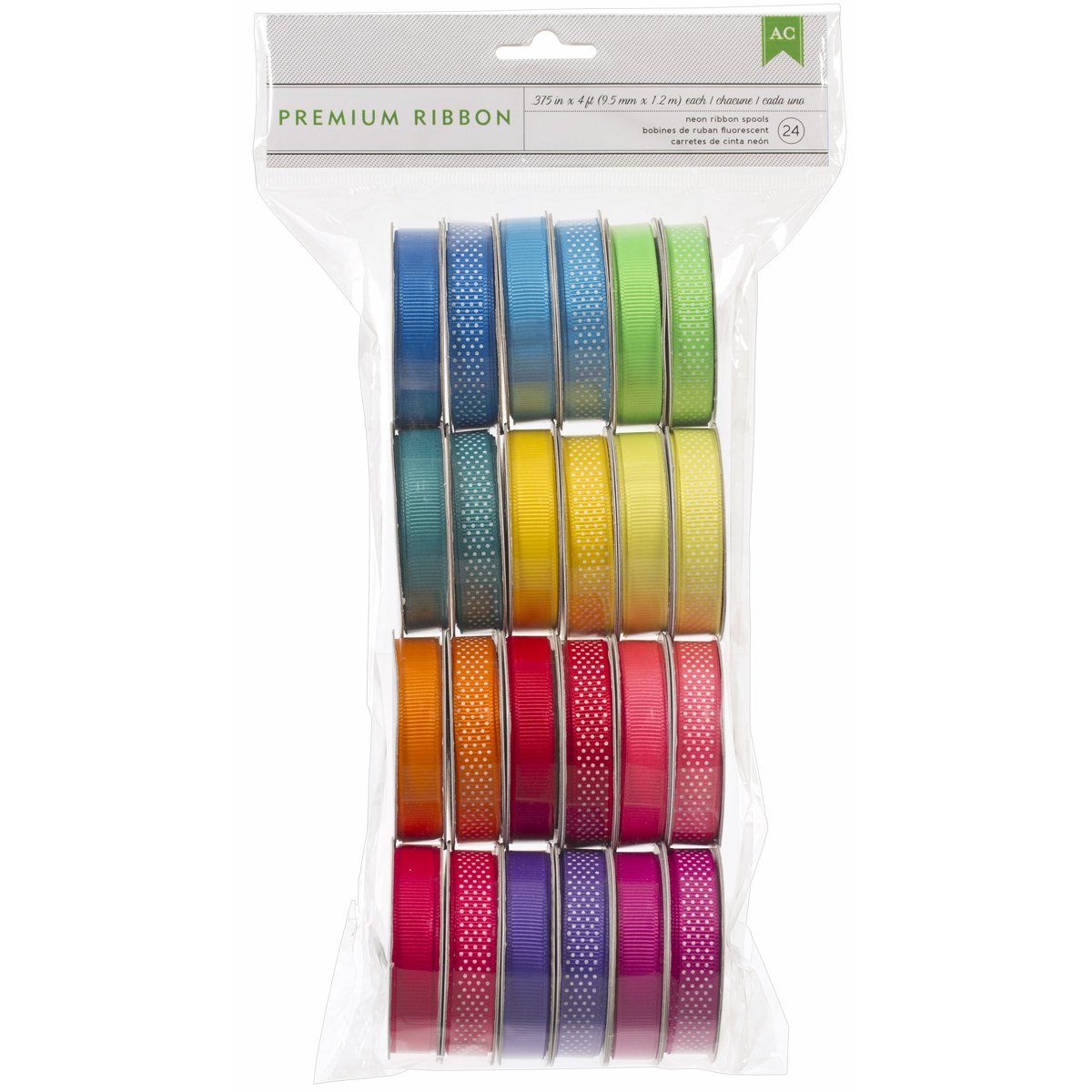 American Crafts Premium Ribbon Value Pack .375" X4' 24/Spools-Neon