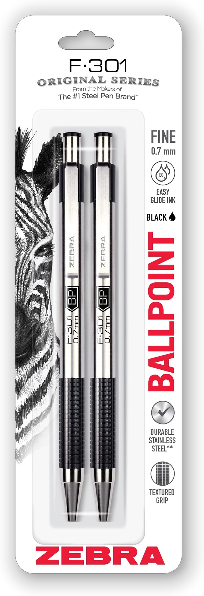 F-301 Retractable Ballpoint Pen, Stainless Steel Barrel, Fine Point, 0.7mm, Black Ink, 2-Pack