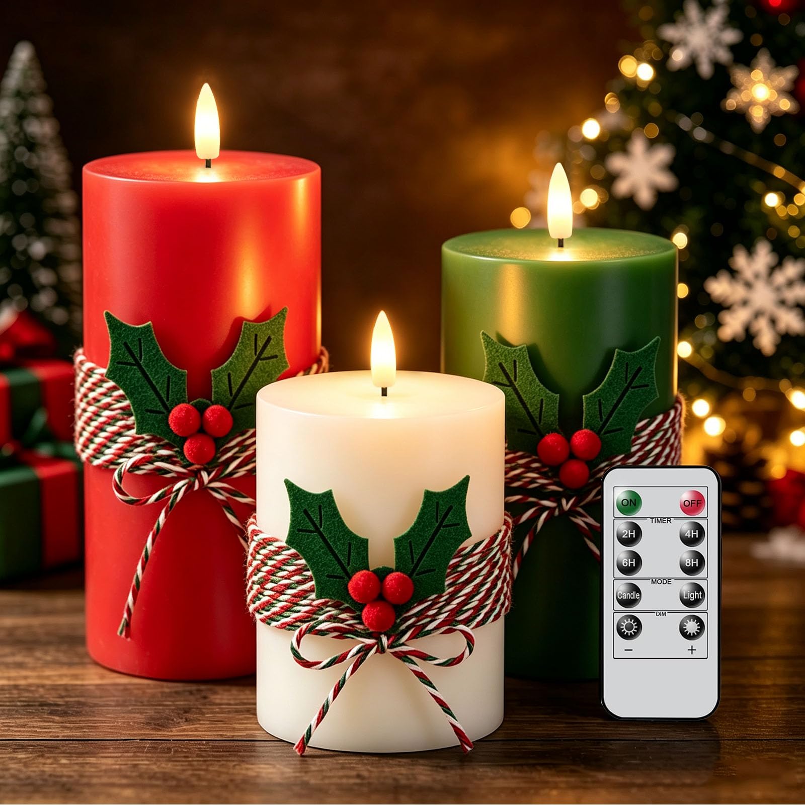 Flameless Votive Candles, 3 Pcs Flickering Flameless Maple Leaf Candle Lights with Remote & Timer, Battery Operated LED Candle Lights for Halloween Christmas Wedding (Colourful-Pinecone)