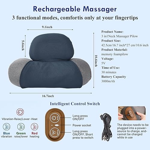 Miniatura 7 de Almohadas de masaje de cuello 3 en 1 con calor para aliviar el dolor de tejido profundo, corrector cervical recargable de joroba cervical, soportes