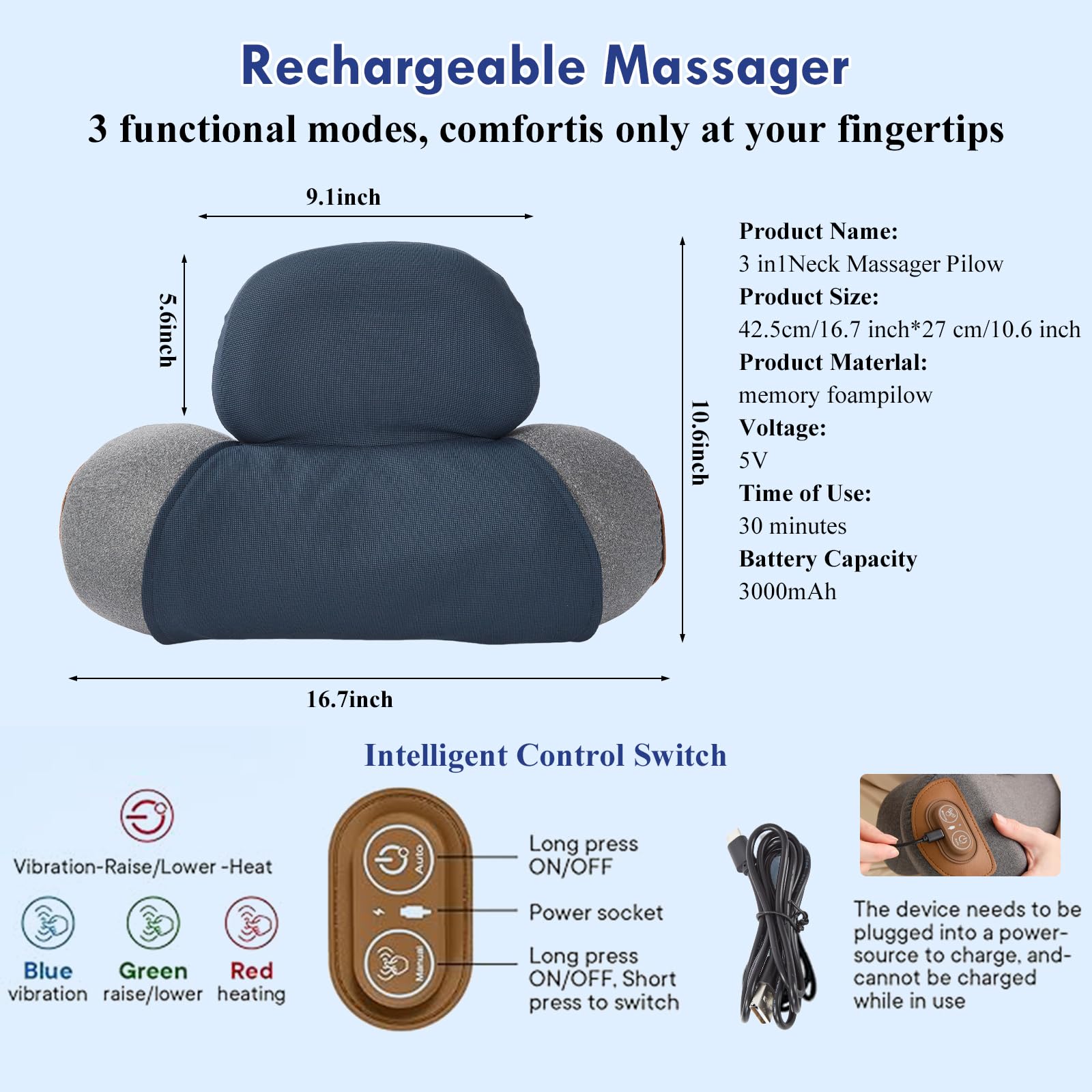 3 in 1 Heated Neck Massage Pillows with Heat for Pain Relief Deep Tissue, Rechargeable Cervical Neck Hump Corrector, Wireless Pillow Supports — view 7