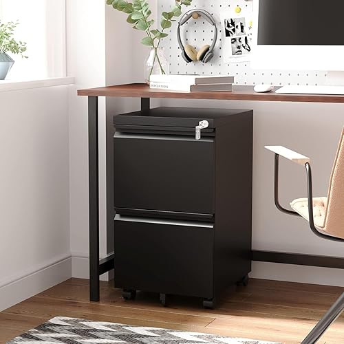 Miniatura 10 de Letaya Archivador móvil con cerradura, 2 cajones debajo del escritorio, archivadores de metal con ruedas para organizador de oficina en casa,