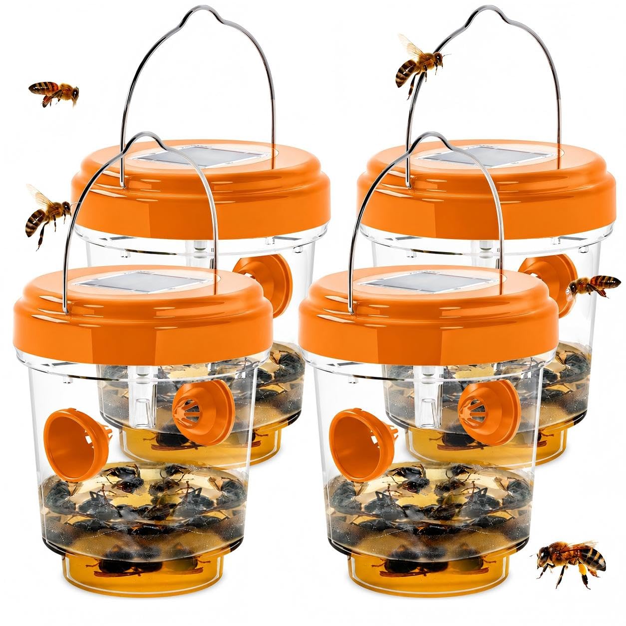 Lot de 4 pièges à guêpes d'extérieur à suspendre, à énergie solaire, pièges à frelons jaunes, réutilisables, attrape-guêpes d'abeilles pour jardin, terrasse, cour, verger