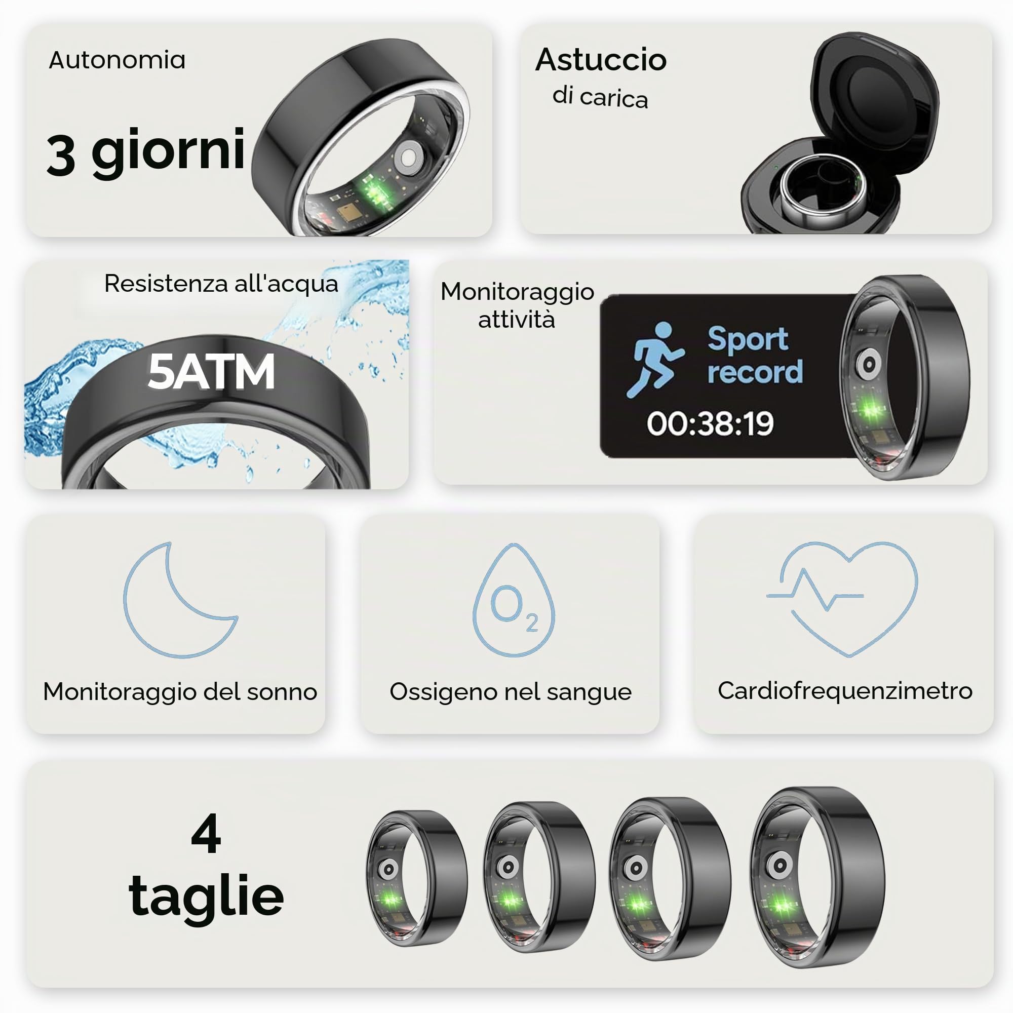 Anello intelligente 2026 per uomo e donna - Smart Ring con monitor del sonno, cardiofrequenzimetro e SpO2 - Tracker di attività fisica e salute IP68, compatibile con iOS e Android (nero)