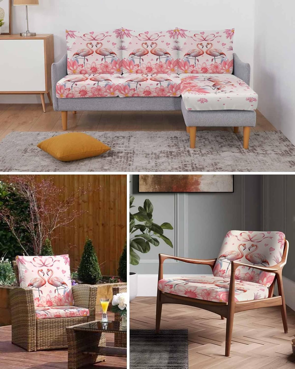 Valentine's Birds Stretch Couch Sofa Cushion Covers,Sectional/Individual/L/T Shape Sofa Couch Slipcover Furniture Slip Cover with Elastic Bottom,Romantic Cute Retro Flower Pink Love S Size 2-PC