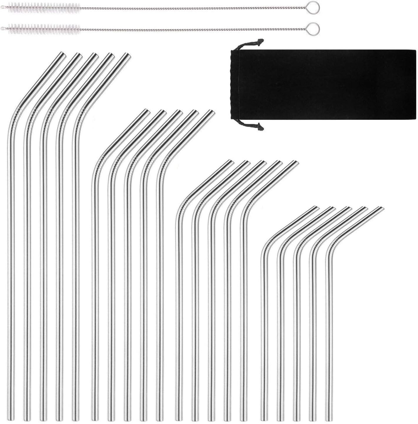 Reusable Stainless Steel Drinking Straws, 20 Pcs 4 Size - 6.3'' 7.1'' 8.5'' 10.5'', BPA Free Long Short Smoothie Drinking Curved Bent Straws With 2 Brushes and Carry bag, Fit for 10/20/30 oz Tumblers