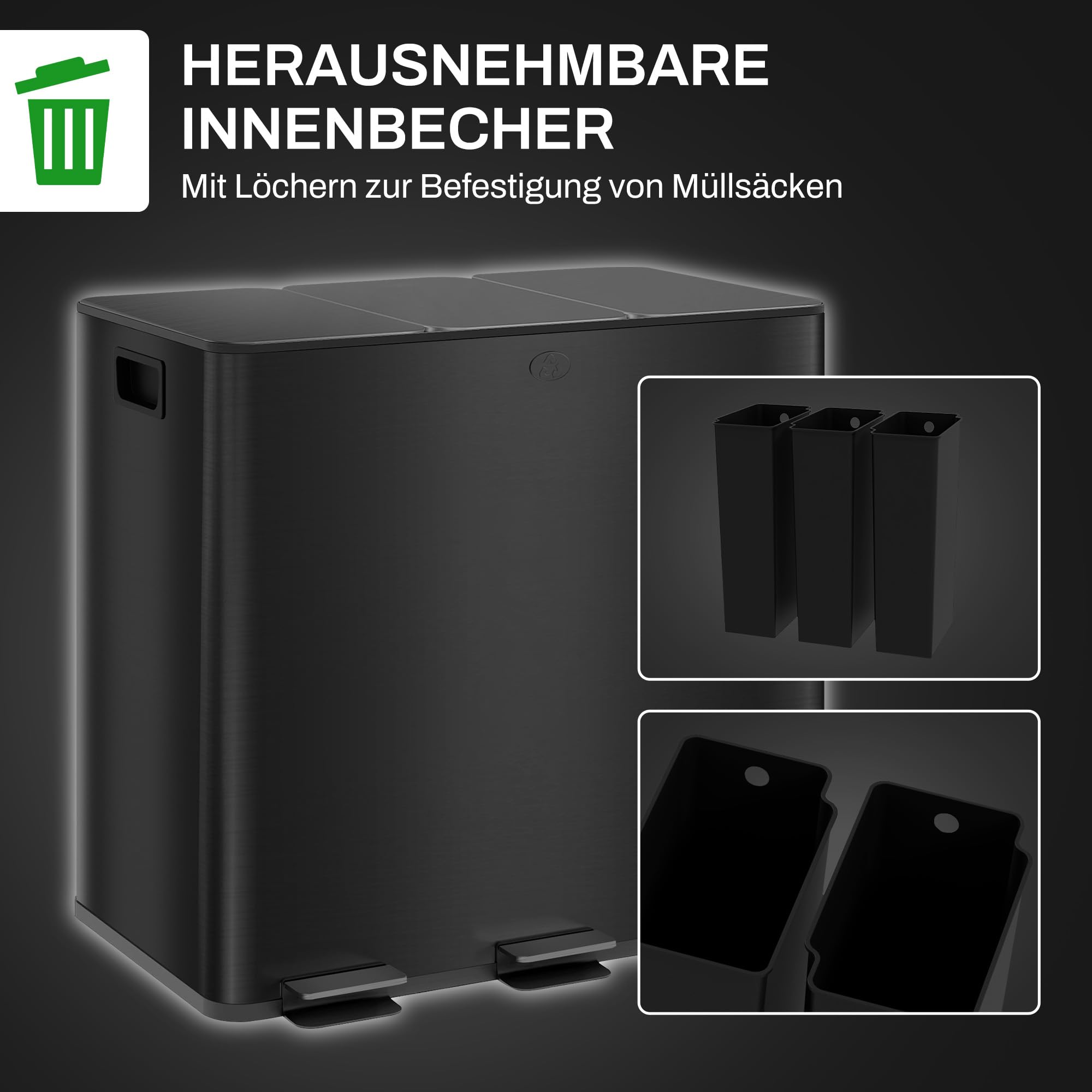 HOMCOM Mülleimer Küche Treteimer 3x15L 61,9x36,6x43,2 cm Schwarz | Softclose-Deckel, Pedal, Mülltrennsystem, 3 Fächer, inkl. Inneneimer, Abfalleimer, Abfallsammler, Edelstahl